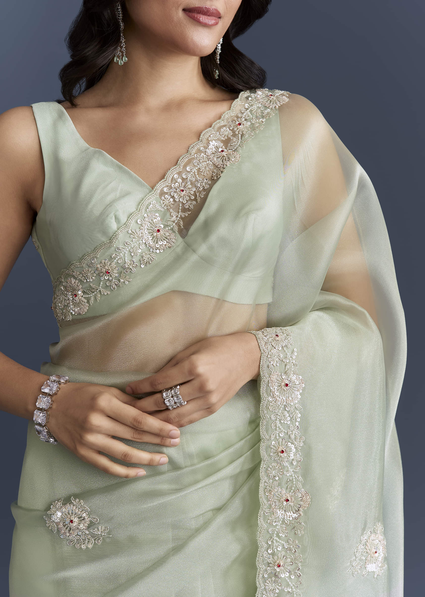Mint Green Tissue Saree With Heavy Hand Embroidery - Image 2