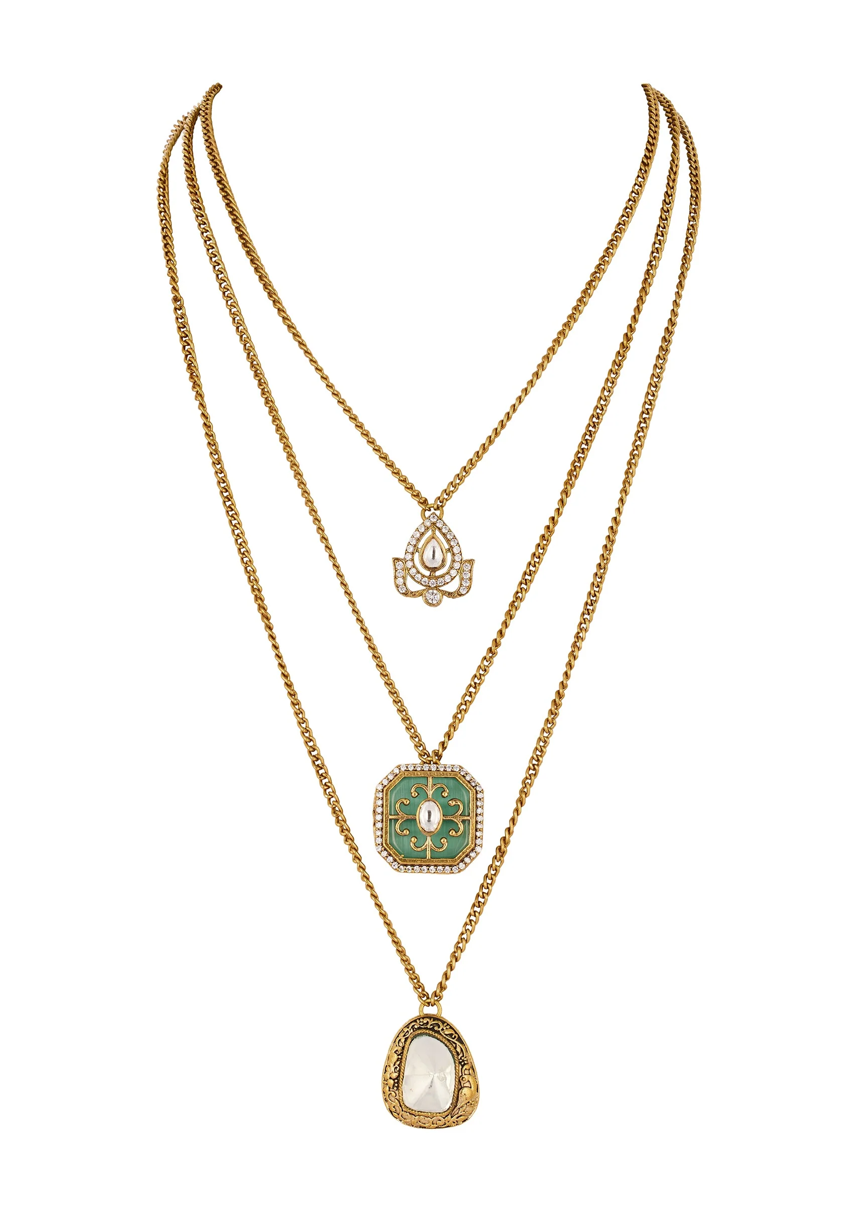 Mint Green Traditional Kundan Layered Necklace with Stones