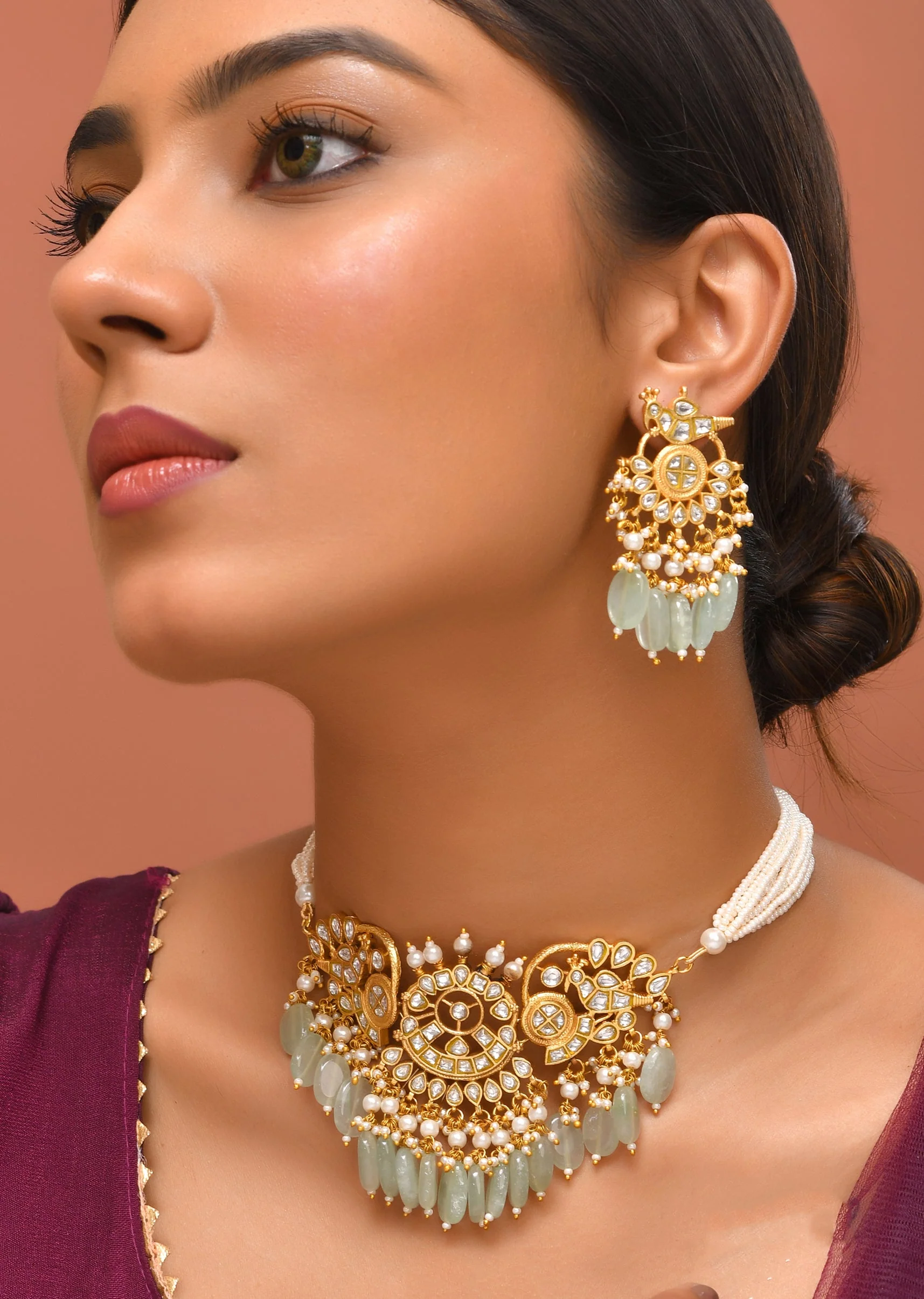 Mint Green White Necklace Set With Pachi Kundan