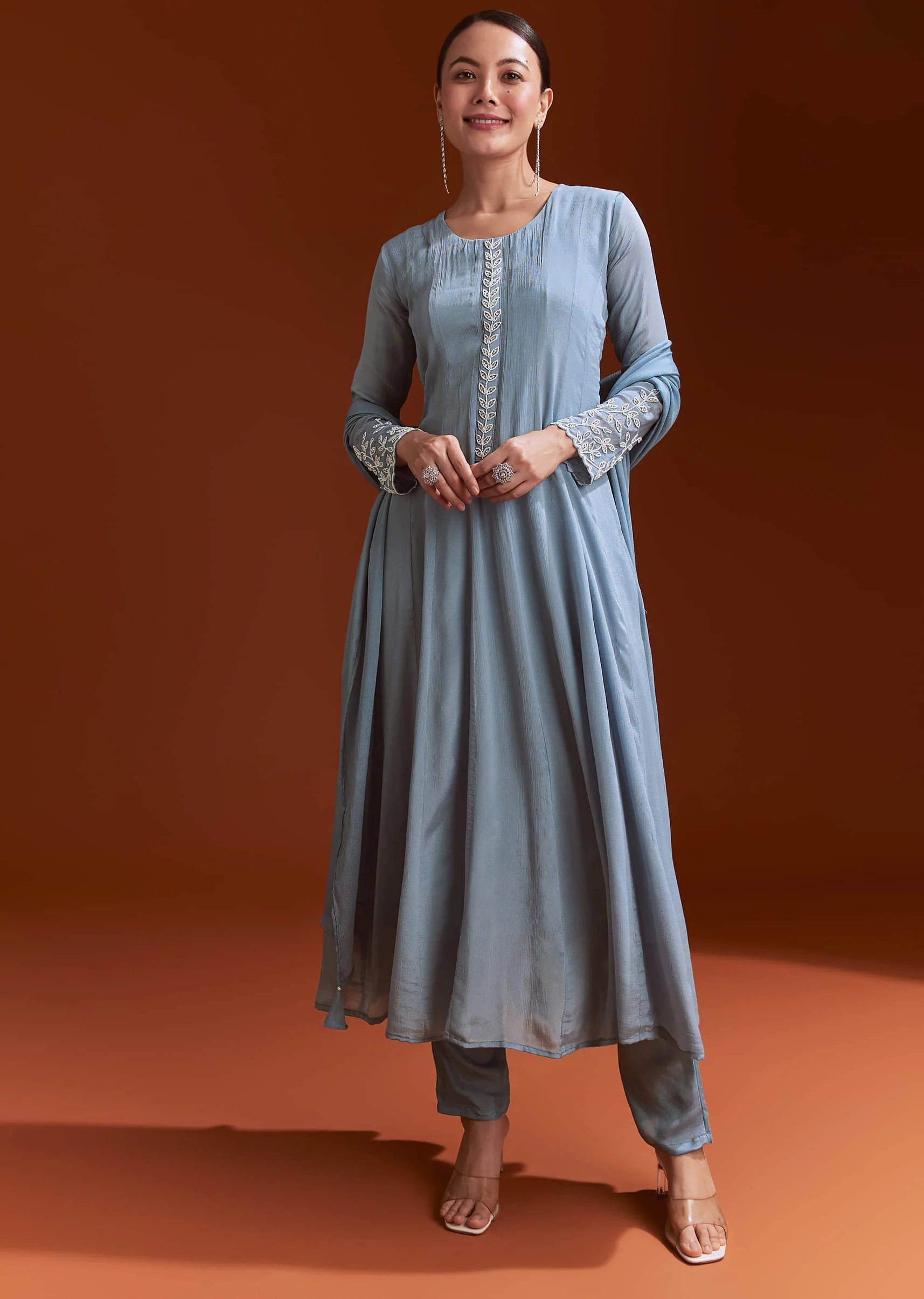 Misty Blue Chinon Anarkali Suit With Moti And Stone Work - Image 2