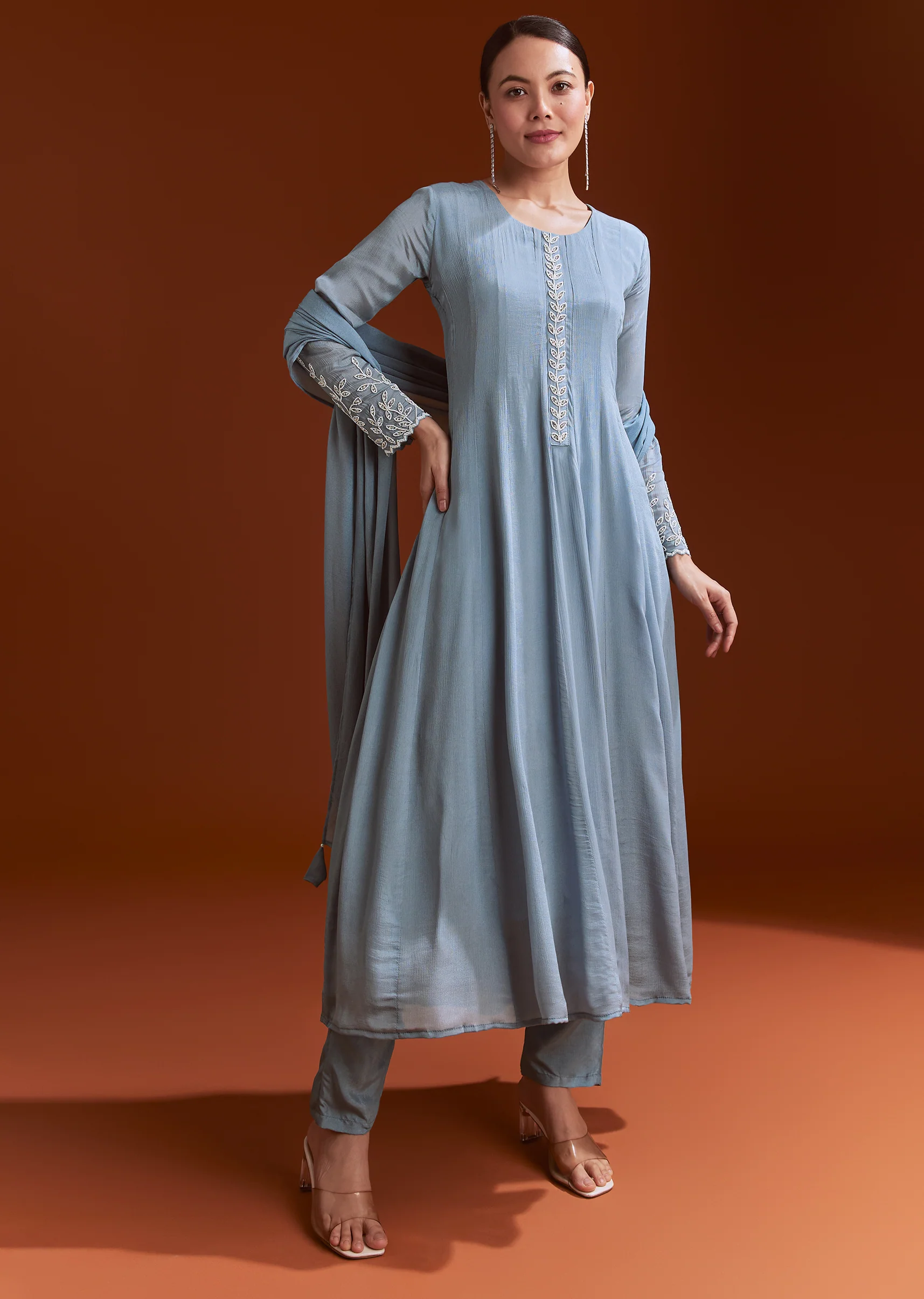Misty Blue Chinon Anarkali Suit With Moti And Stone Work - Image 4