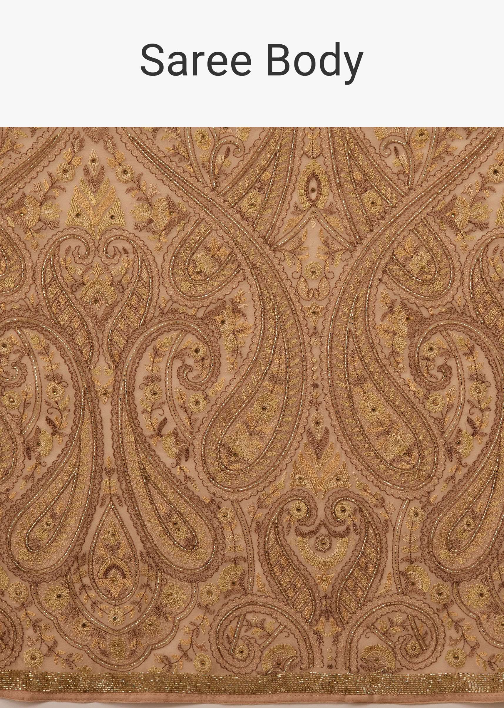 Mocha Brown Festive Toasted Almond Beige Saree Kashmiri Embroidered In Georgette - Image 6