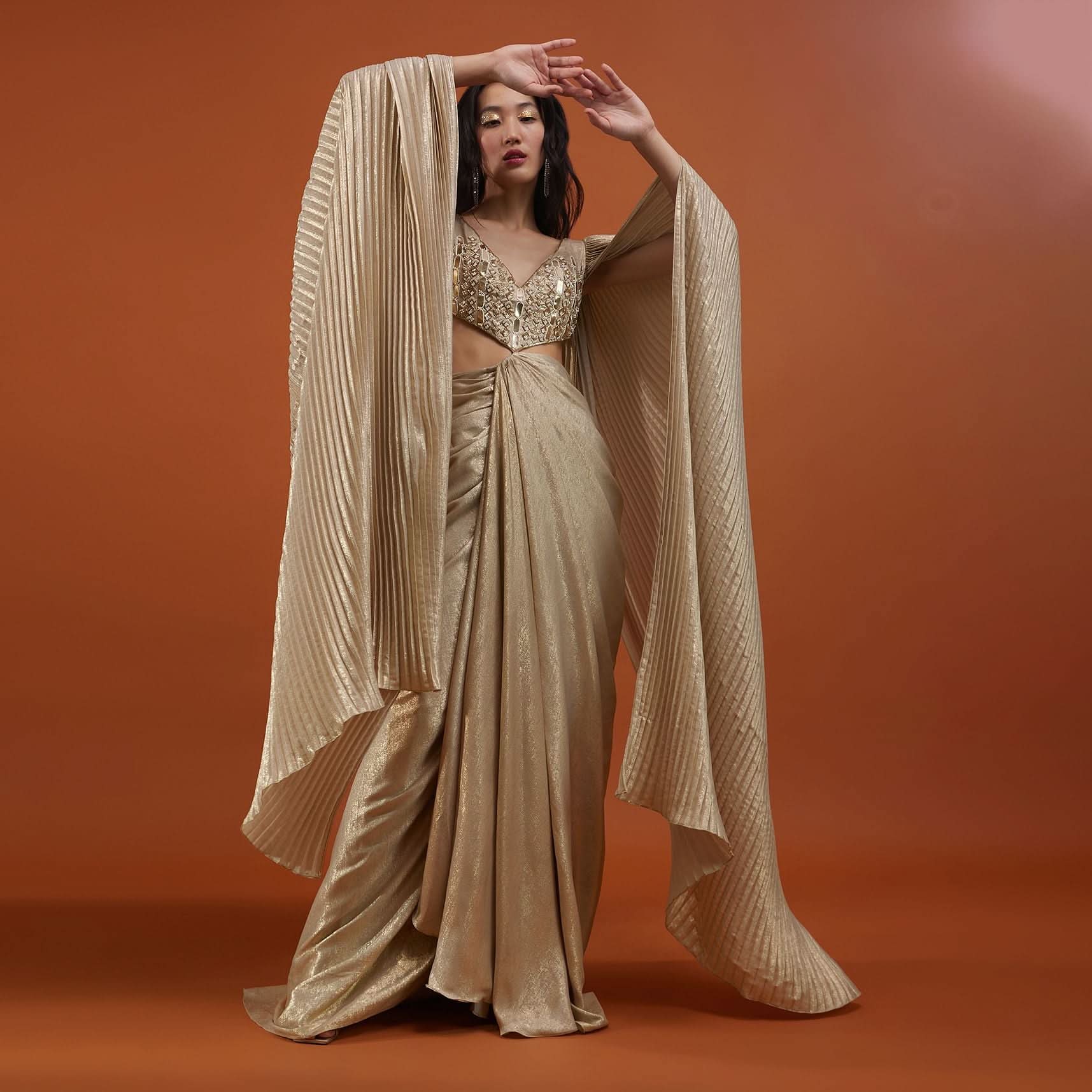 Mocha Brown Gown With A Pre-Pleated Dhoti Skirt And Royal Cape Sleeves - NOOR 2022 - Image 3