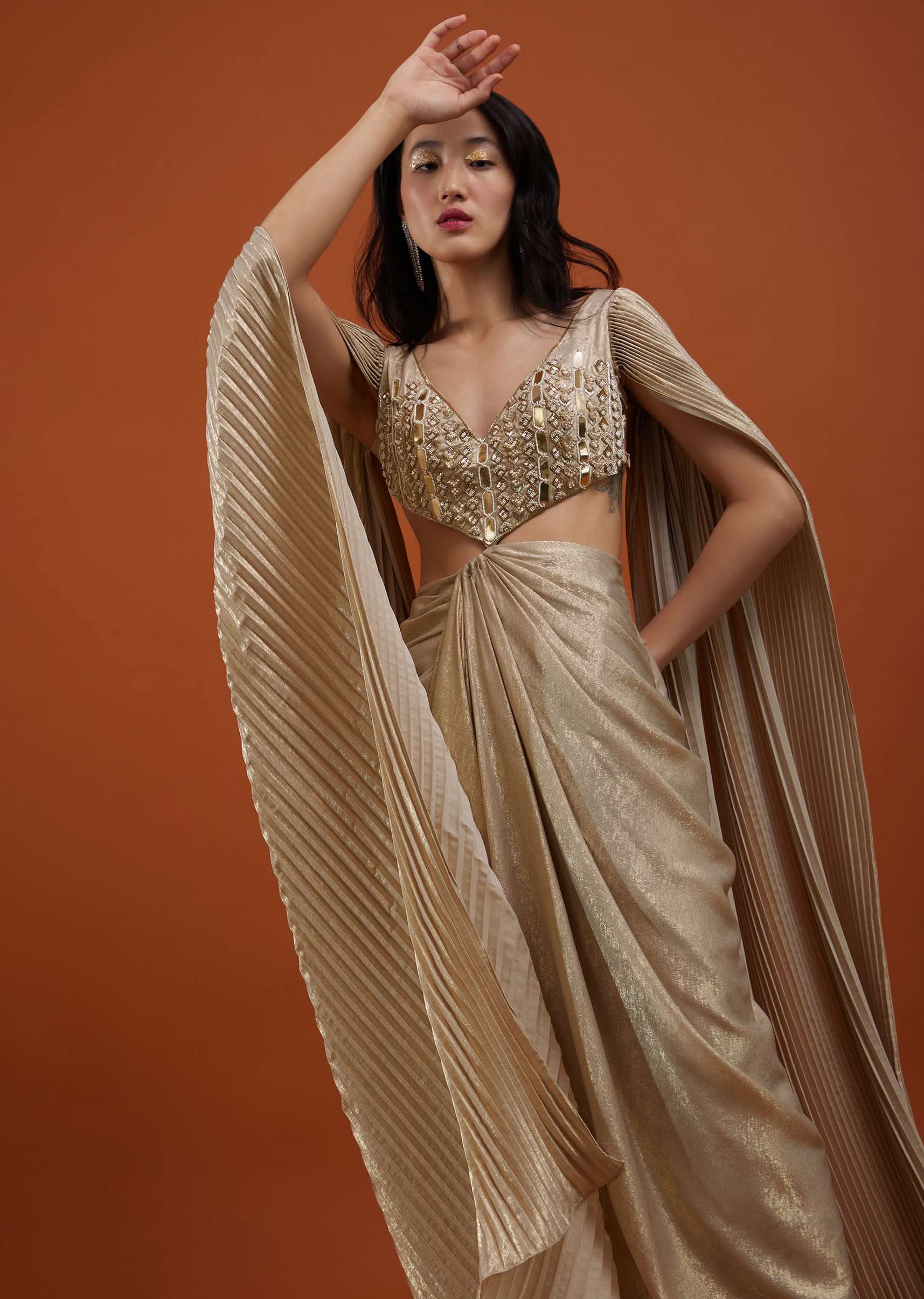 Mocha Brown Gown With A Pre-Pleated Dhoti Skirt And Royal Cape Sleeves - NOOR 2022 - Image 6
