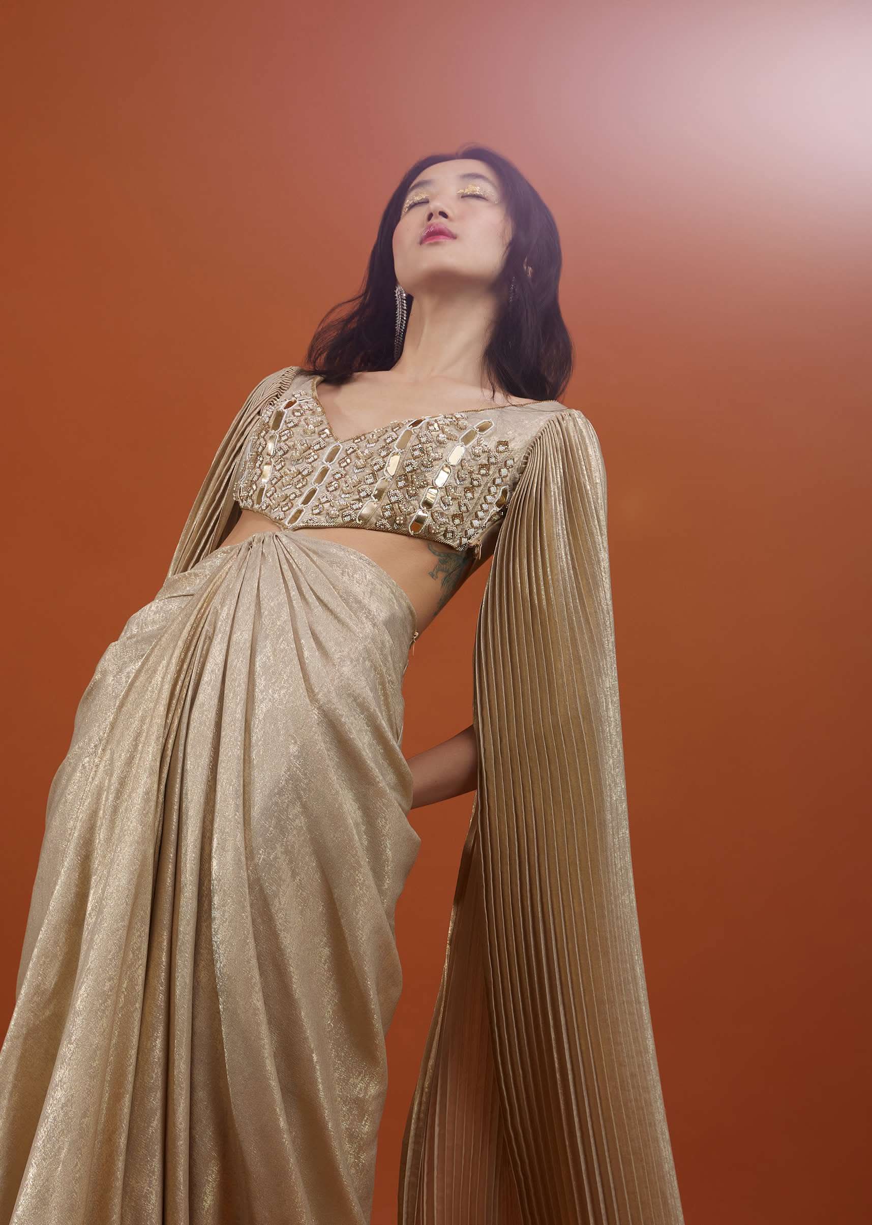 Mocha Brown Gown With A Pre-Pleated Dhoti Skirt Area And Royal Cape Sleeves- NOOR 2022 - Image 3