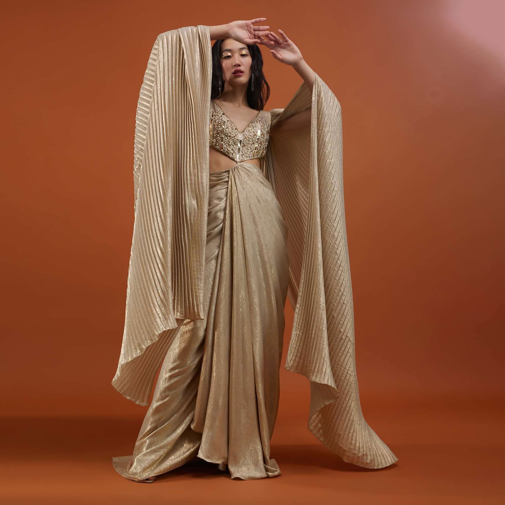 Mocha Brown Gown With A Pre-Pleated Dhoti Skirt Area And Royal Cape Sleeves- NOOR 2022 - Image 5