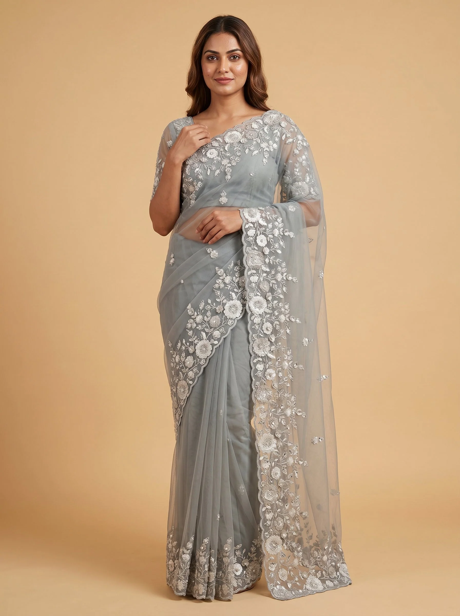 Modern Grey Elegance Embroidered Saree