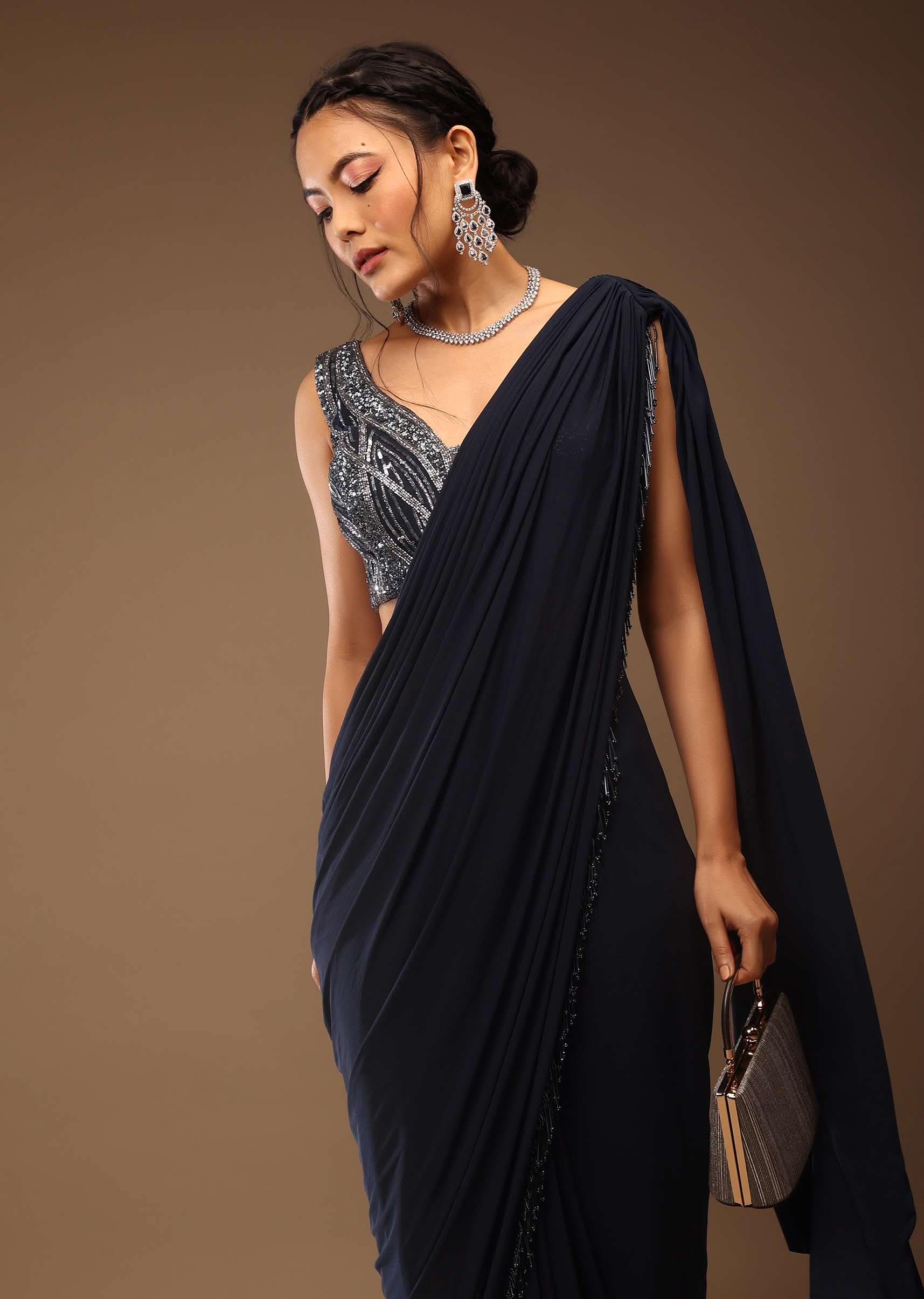 Mood Indigo Pre Drape Saree With A Crop Top In Sequins Embroidery Corset Neckline With A Tie-Up Tassel Dori At The Back - Image 2