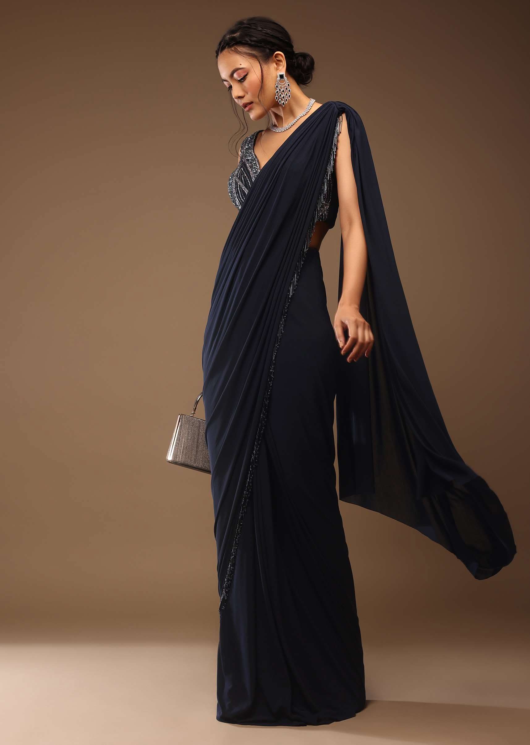 Mood Indigo Pre Drape Saree With A Crop Top In Sequins Embroidery Corset Neckline With A Tie-Up Tassel Dori At The Back - Image 3