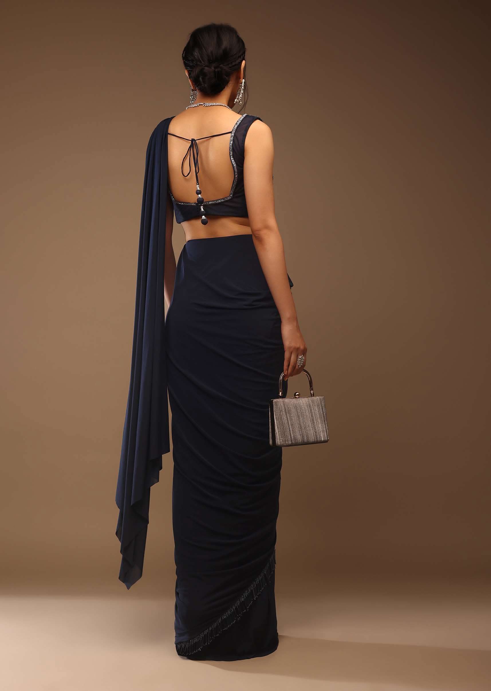 Mood Indigo Pre Drape Saree With A Crop Top In Sequins Embroidery Corset Neckline With A Tie-Up Tassel Dori At The Back - Image 4