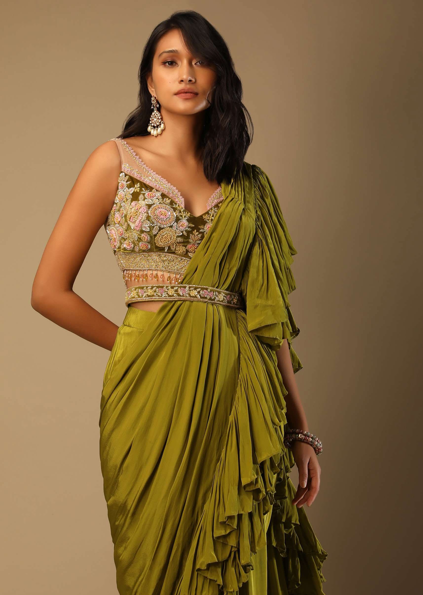 Moss Green Readymade Ruffle Saree In Crepe With Multi Colored Hand Embroidered Floral Blouse - Image 3