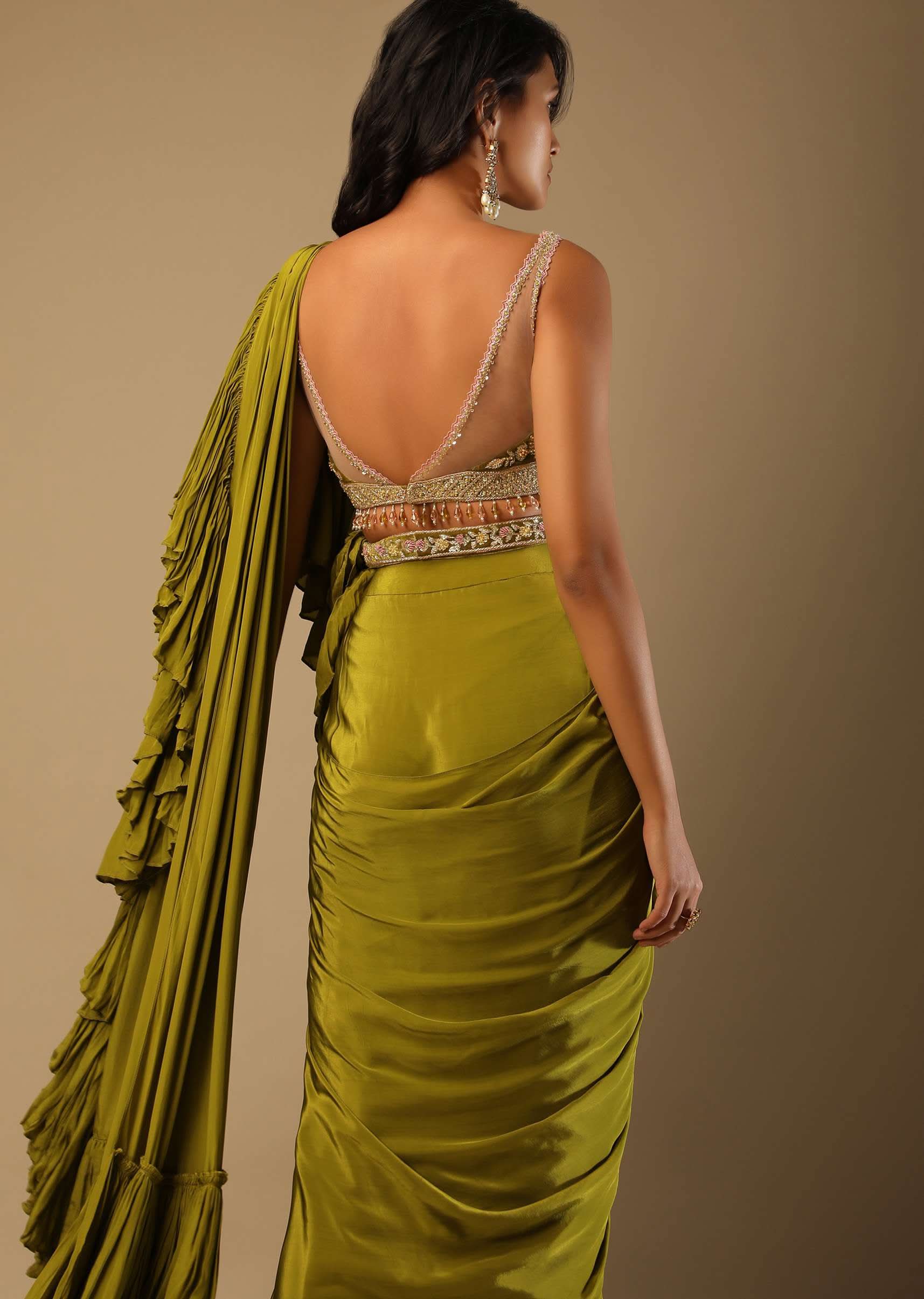 Moss Green Readymade Ruffle Saree In Crepe With Multi Colored Hand Embroidered Floral Blouse - Image 4