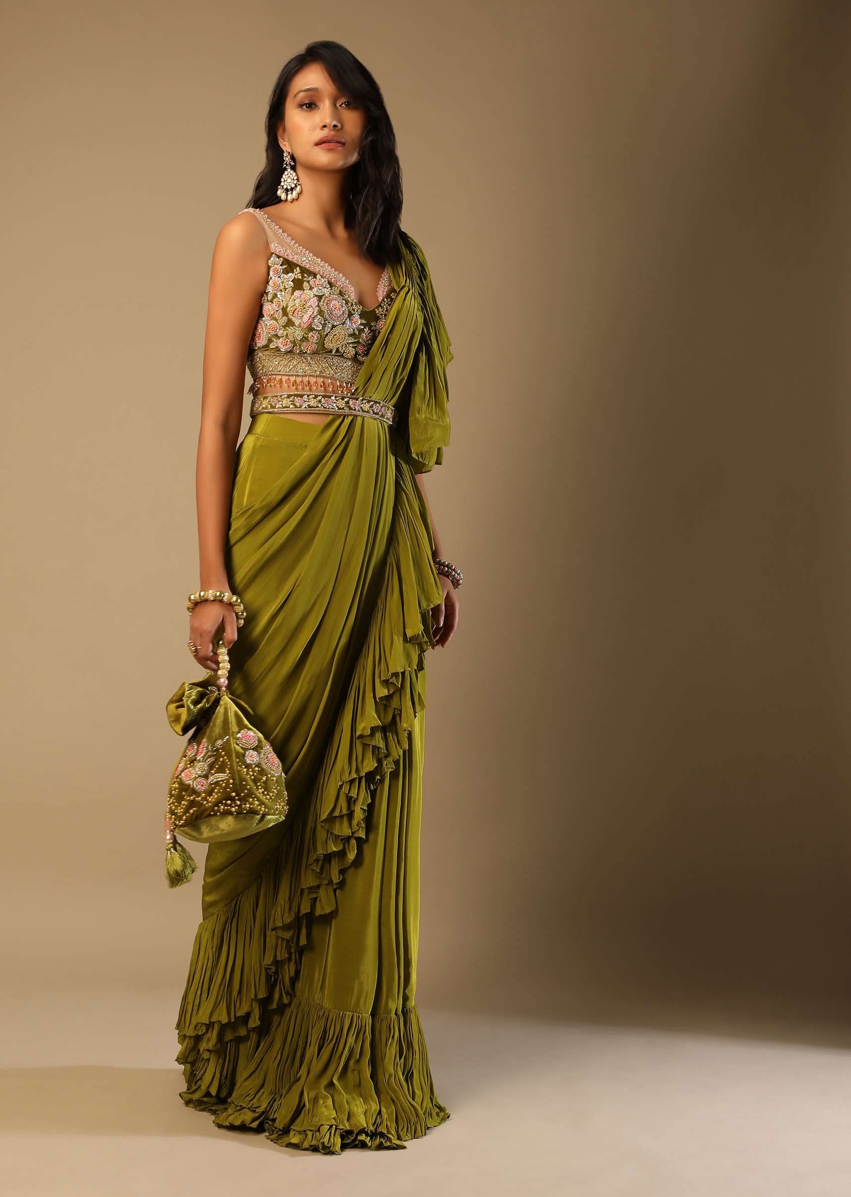 Moss Green Readymade Ruffle Saree In Crepe With Multi Colored Hand Embroidered Floral Blouse - Image 5