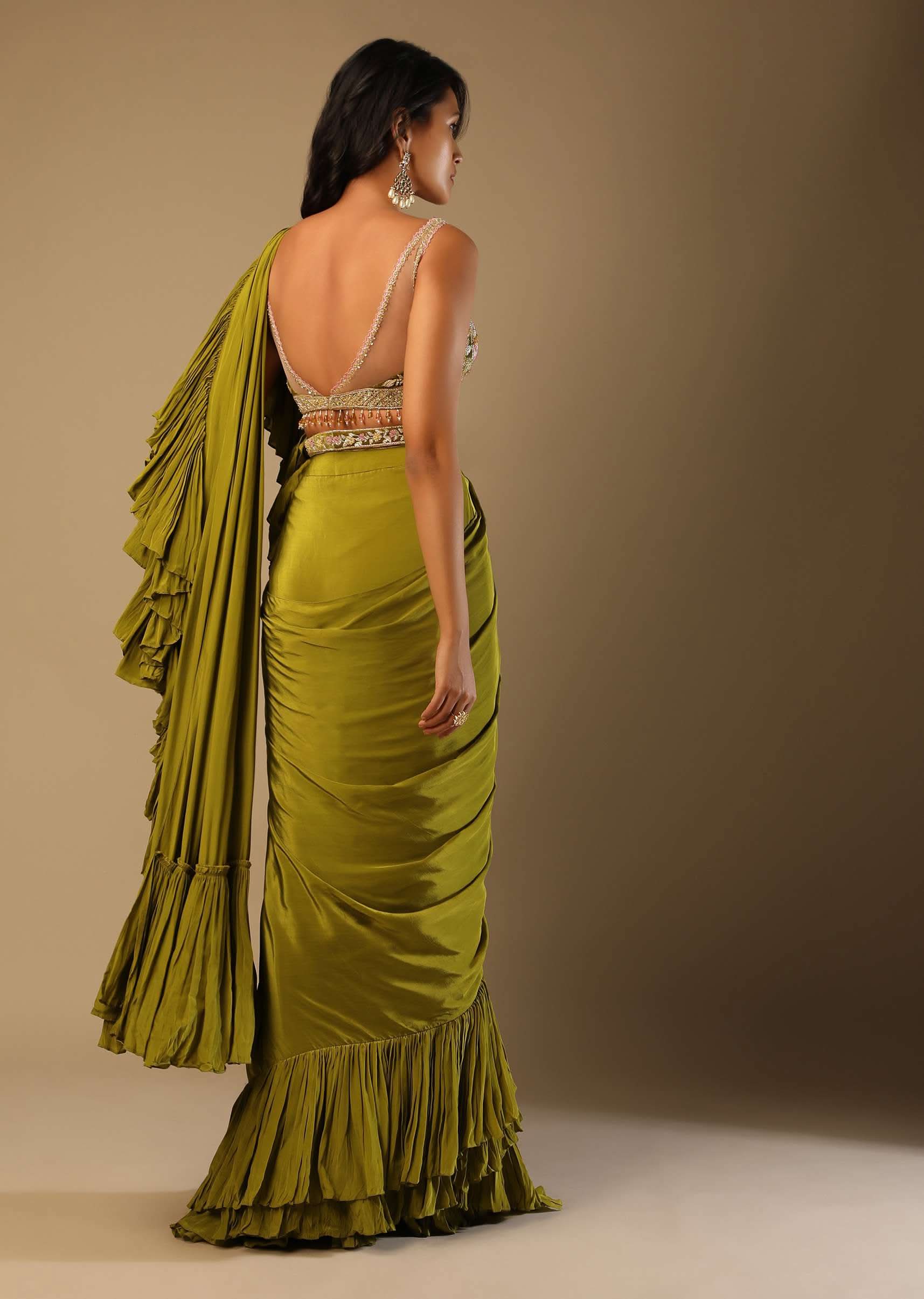 Moss Green Readymade Ruffle Saree In Crepe With Multi Colored Hand Embroidered Floral Blouse - Image 7