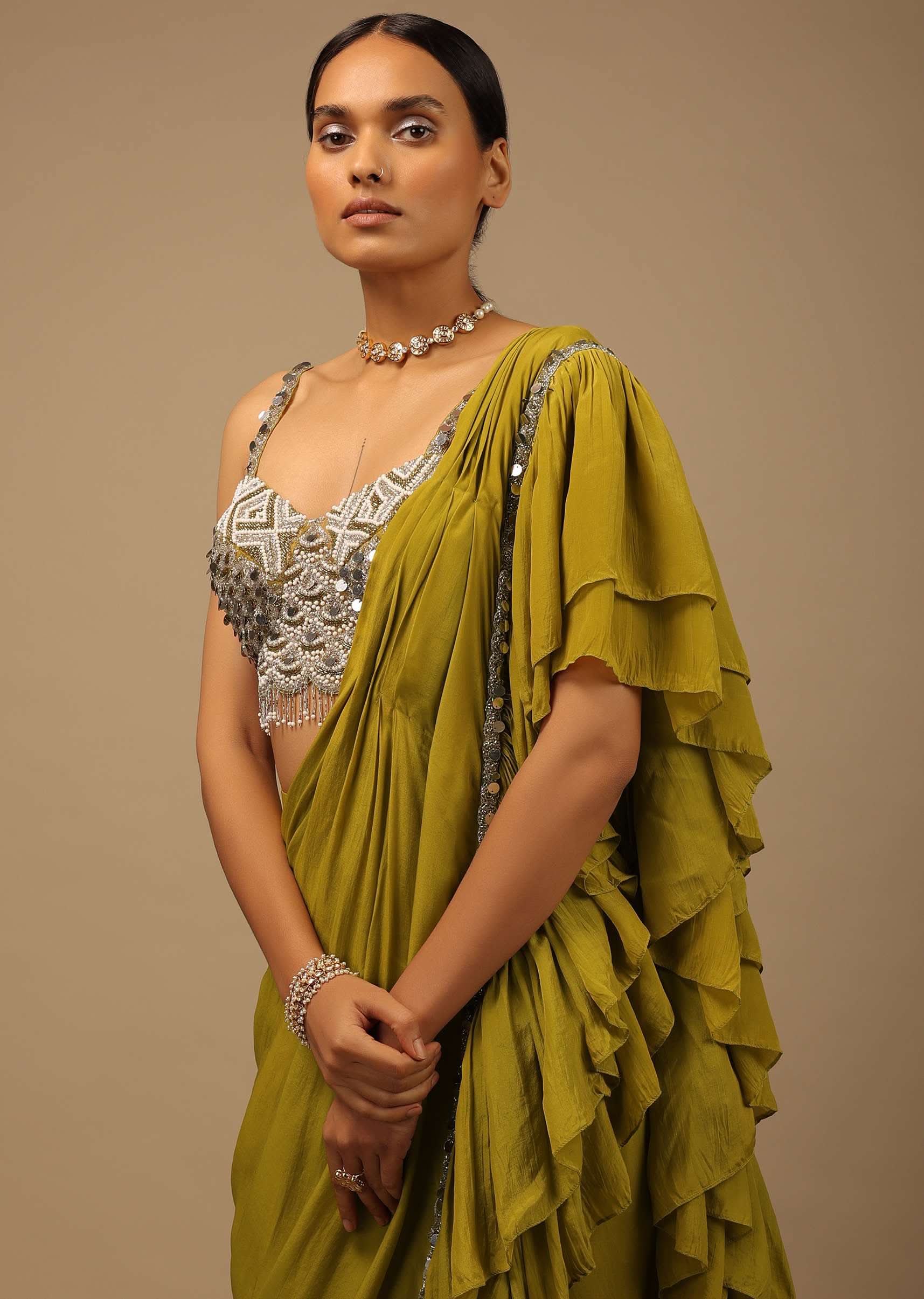 Moss Green Ready To Wear Ruffle Saree With A Heavy Sequins And Cut Dana Embroidered Crop Top - Image 2