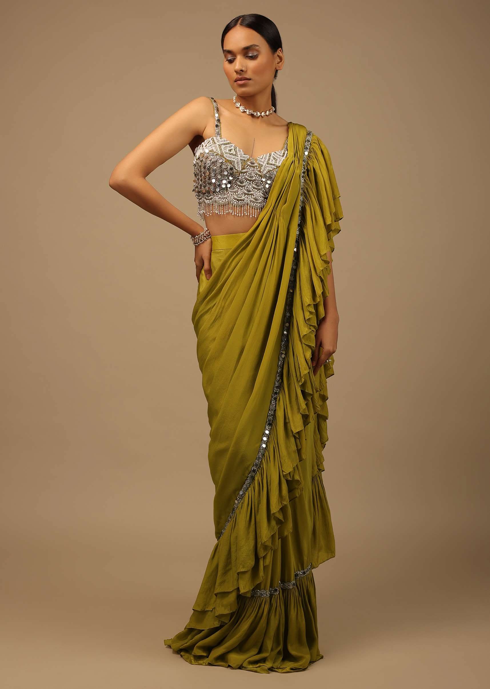 Moss Green Ready To Wear Ruffle Saree With A Heavy Sequins And Cut Dana Embroidered Crop Top - Image 3