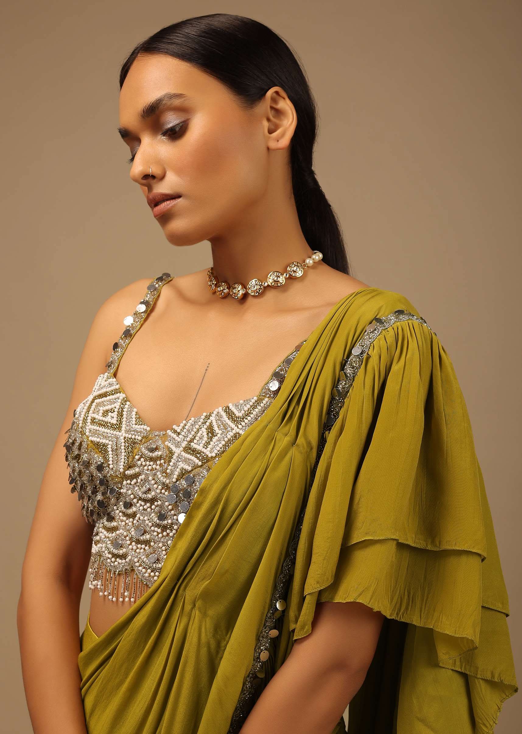 Moss Green Ready To Wear Ruffle Saree With A Heavy Sequins And Cut Dana Embroidered Crop Top - Image 4