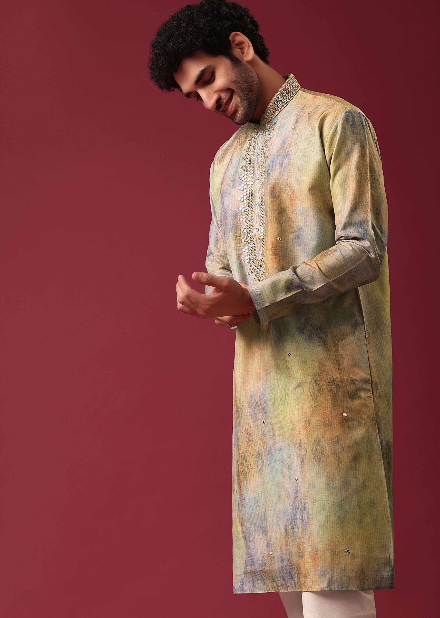 Multi Color Kurta Set With Mirror Work In Silk Fabric - Image 2