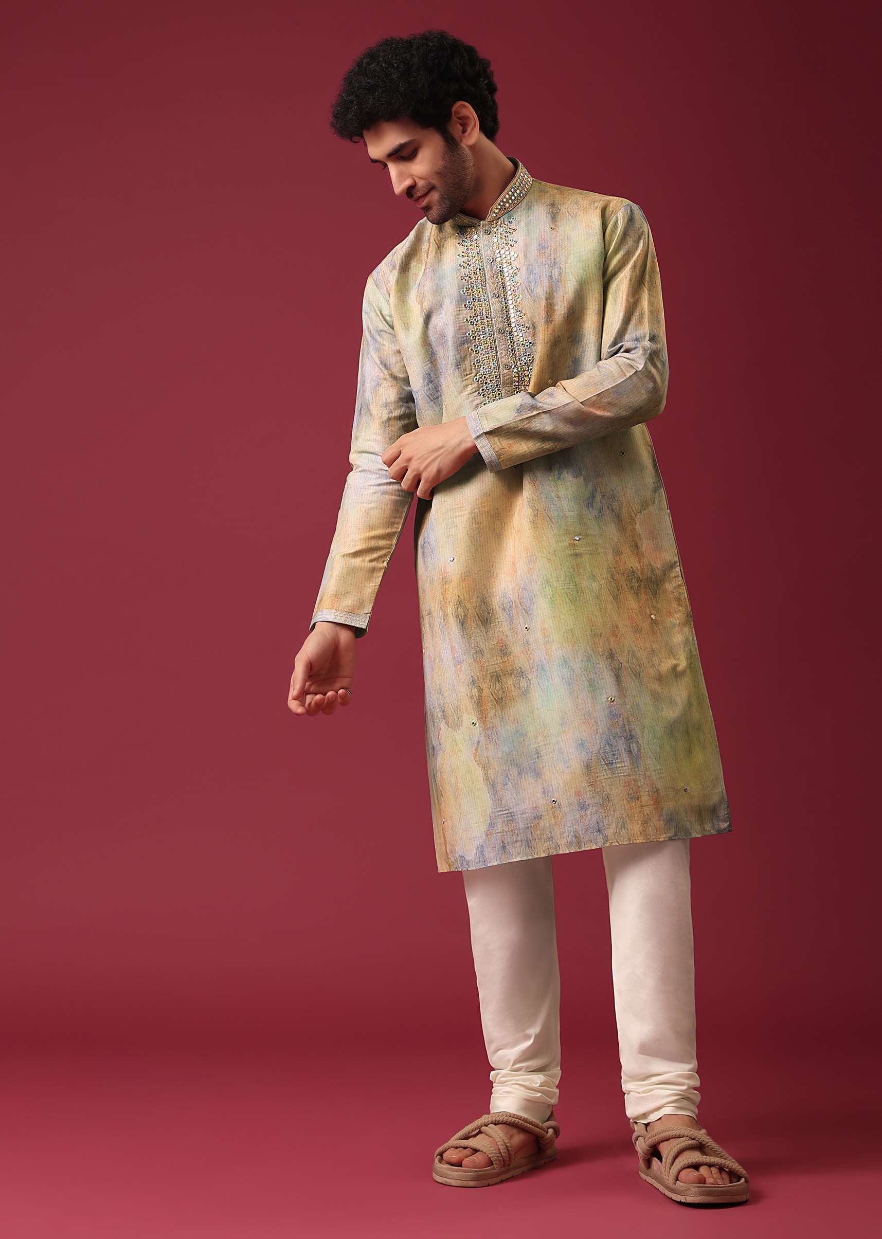 Multi Color Kurta Set With Mirror Work In Silk Fabric - Image 3