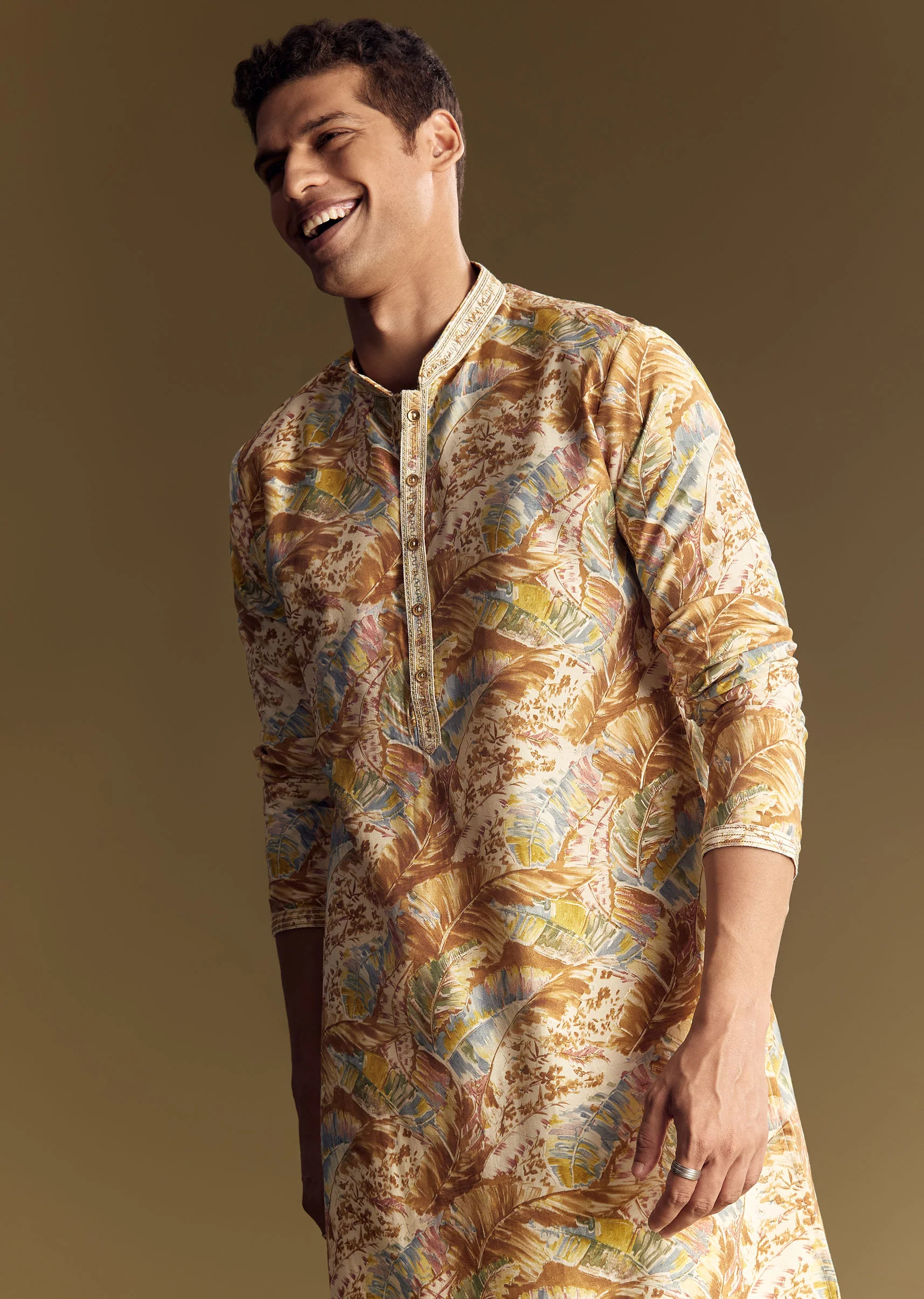 Multi Colored Linen Kurta Set With Floral And Foil Highlights - Image 3