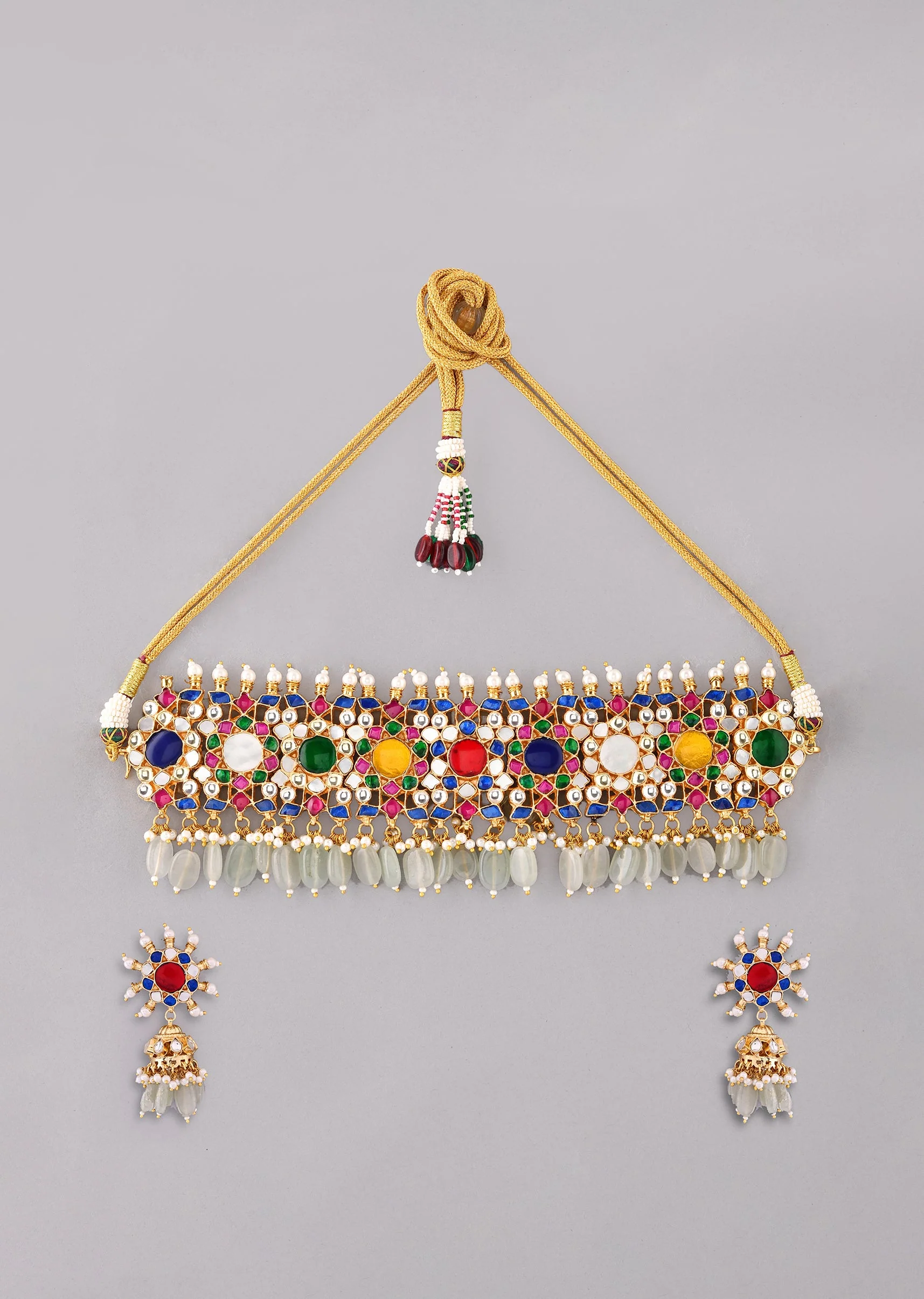 Multi Colored Mint Green Necklace Set With Pachi Kundan - Image 2