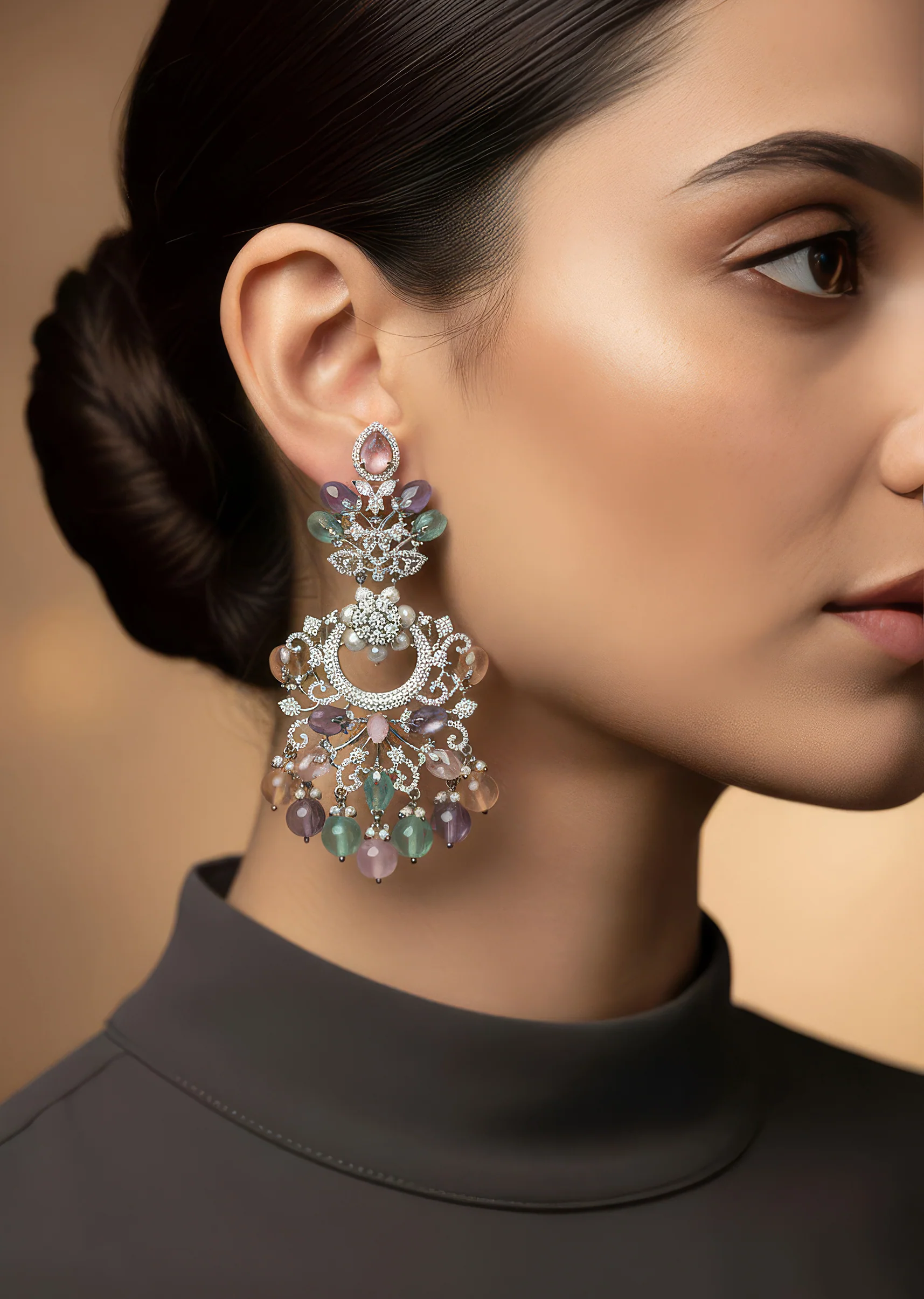 Multi Colored Silver Finish Earrings for Festive Wear