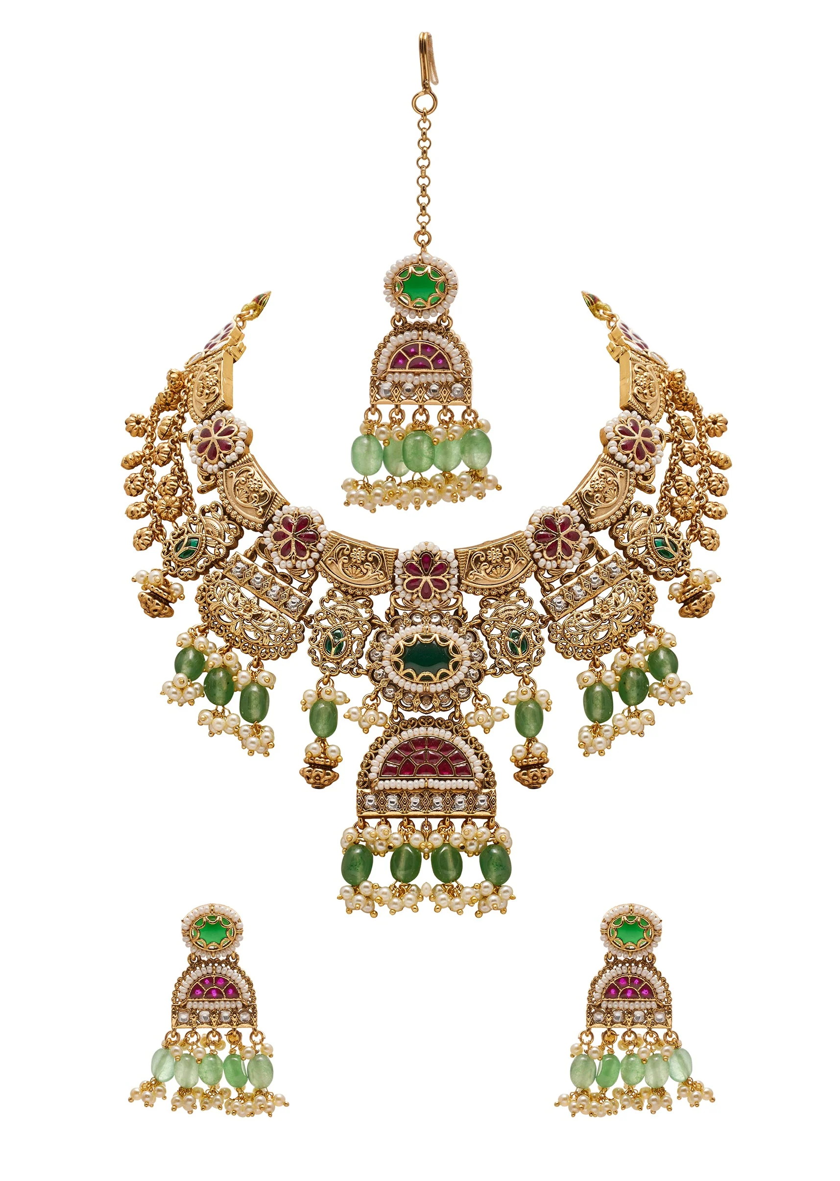 Multi Colour And Green Stone Kundan Necklace Set
