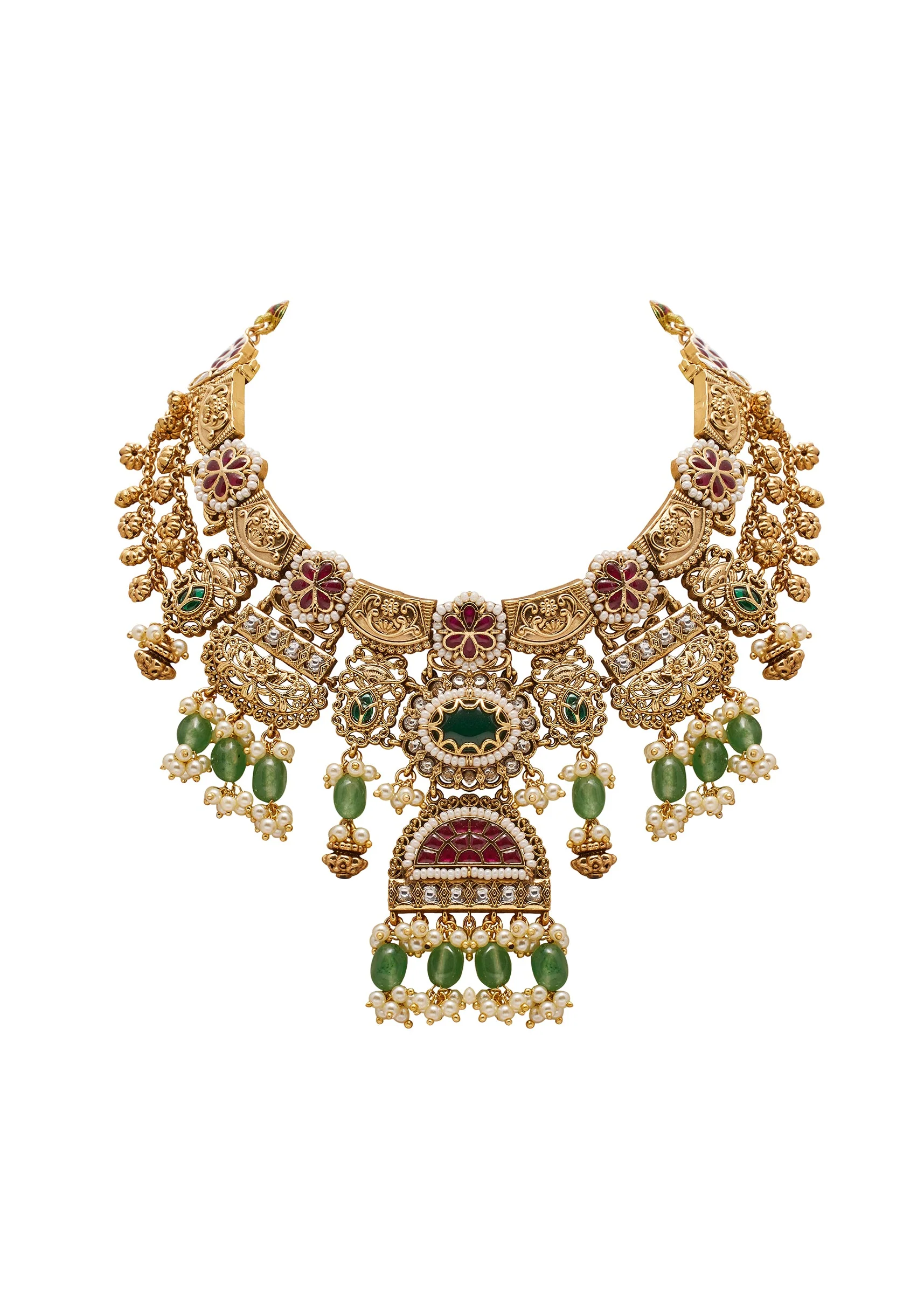 Multi Colour And Green Stone Kundan Necklace Set - Image 2