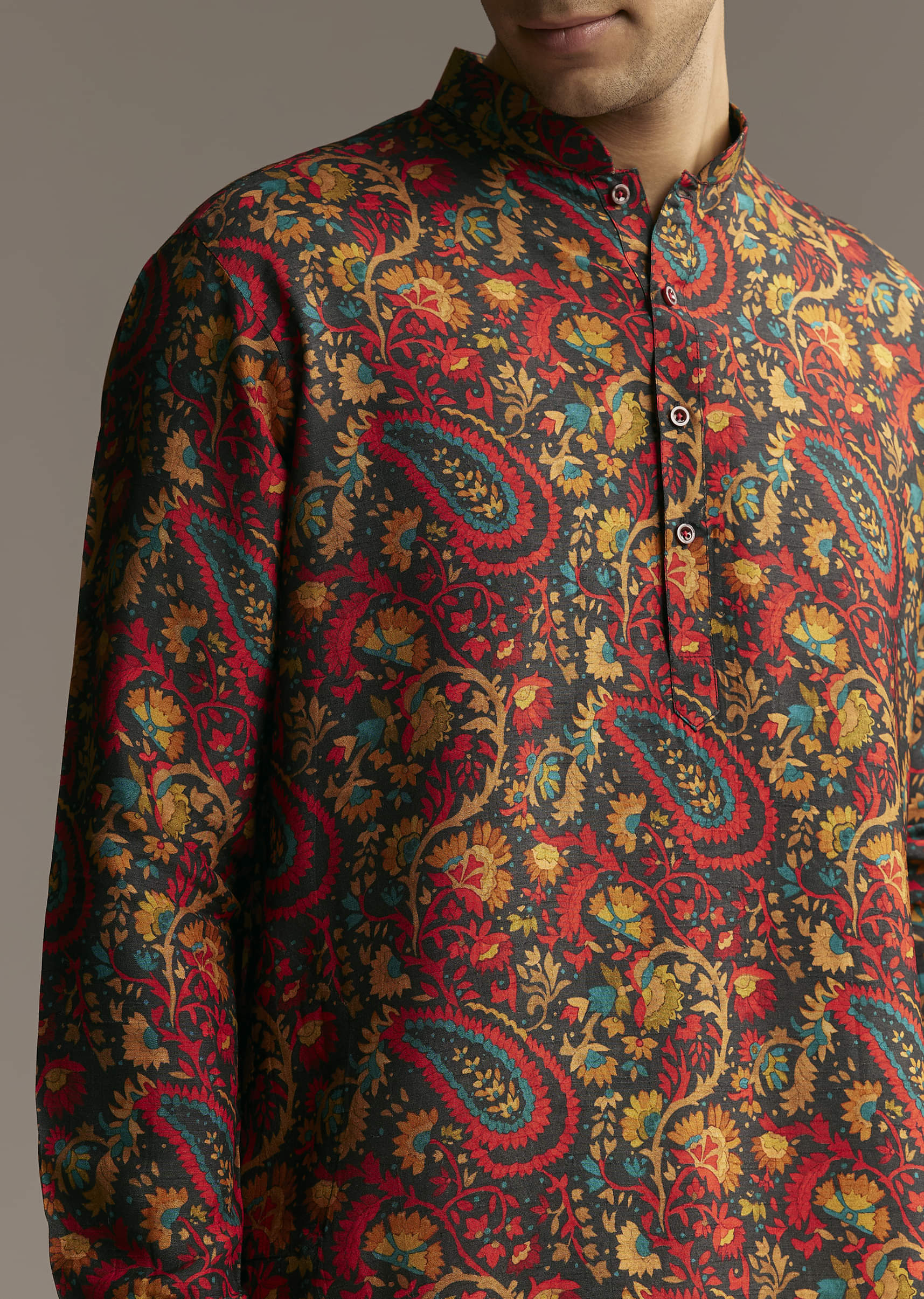 Multi Colour Silk Designer Kurta For Men With Paisley And Floral Print - Image 3