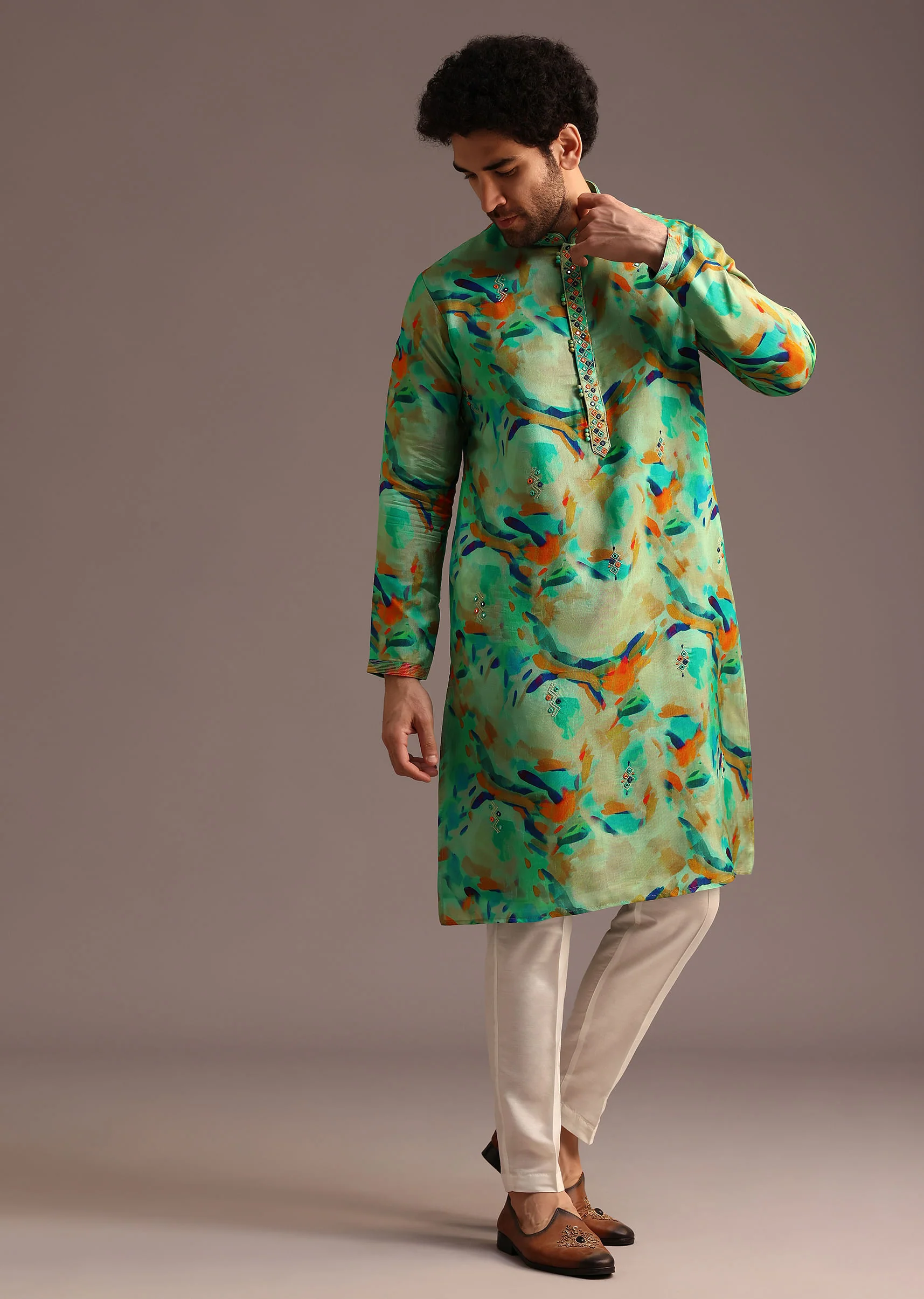 Multi Colour Silk Kurta And Pant With Abstract Print - Image 3