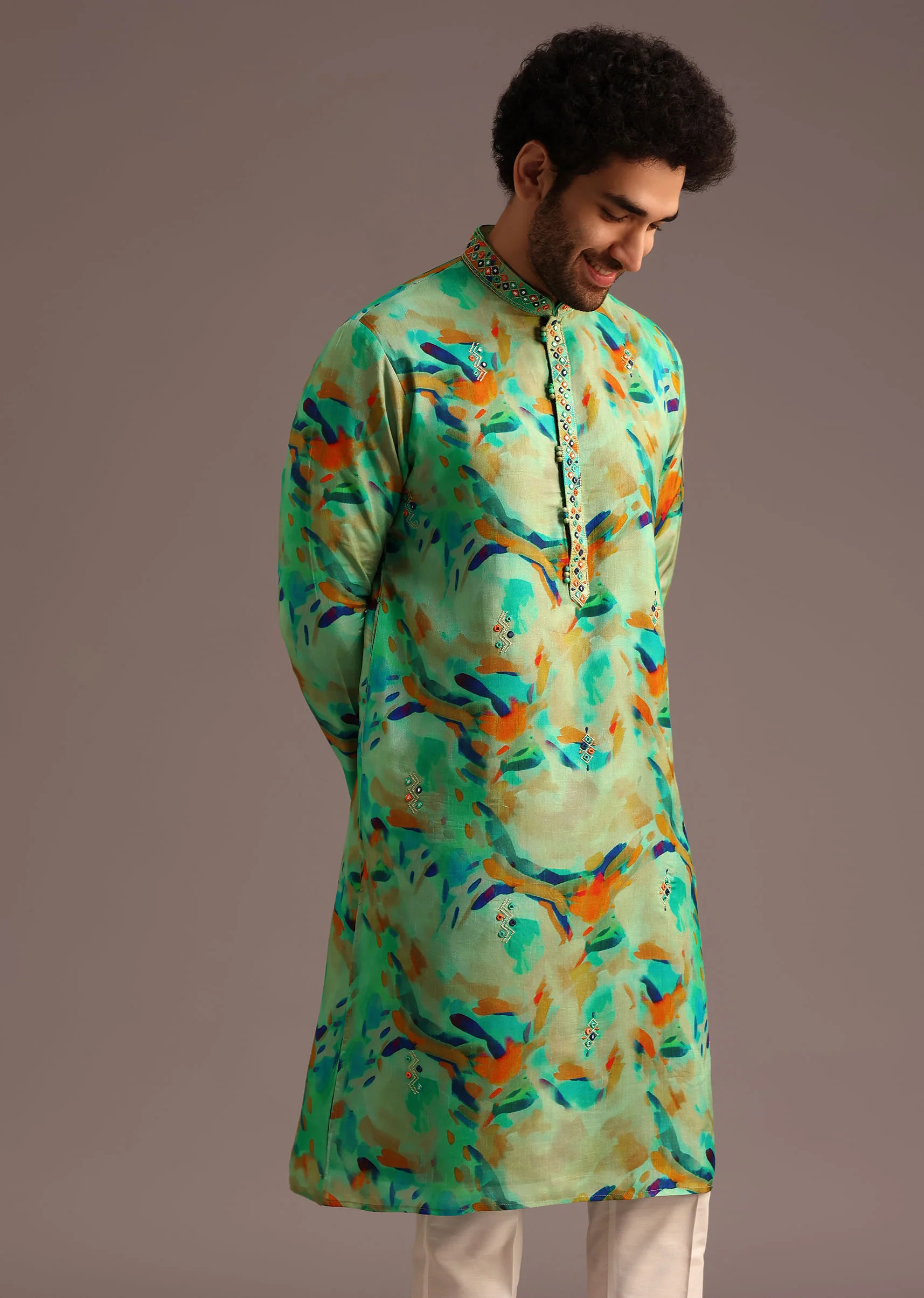 Multi Colour Silk Kurta And Pant With Abstract Print - Image 4