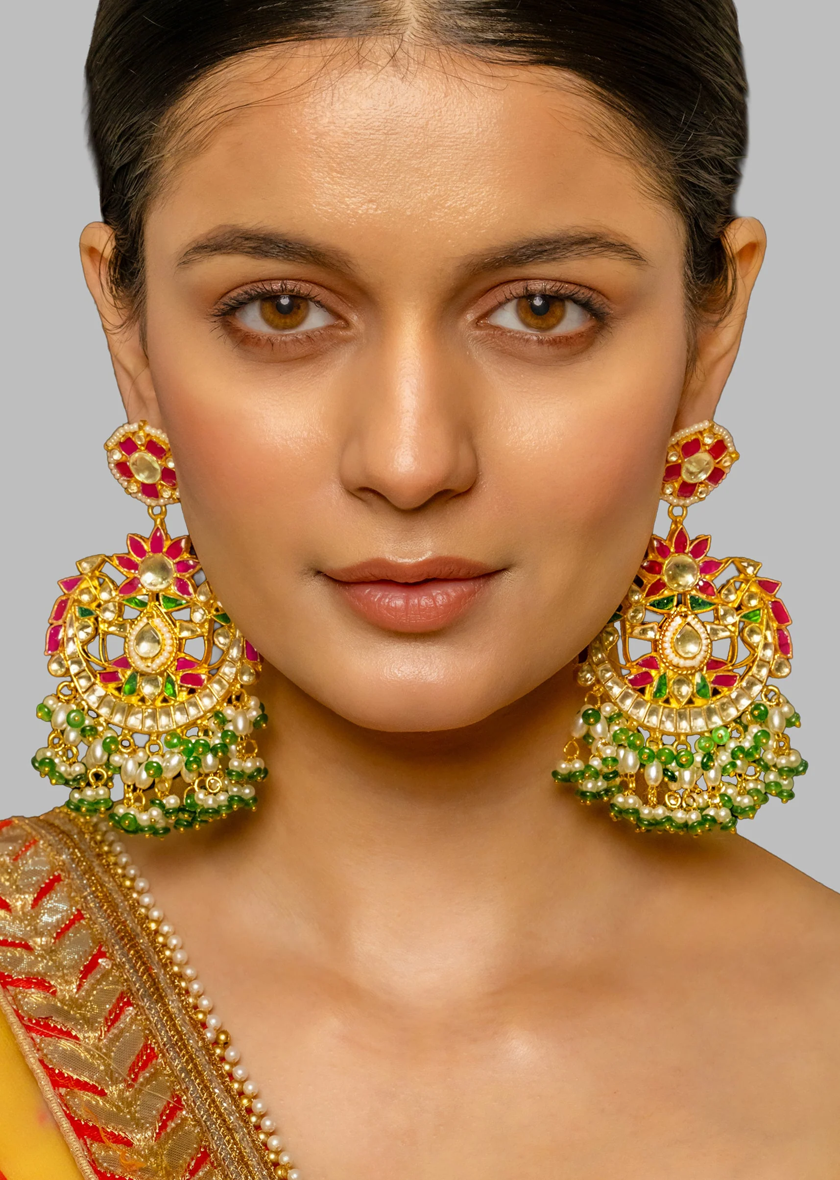 Multi Coloured Kundan Polki Bridal Earrings - Image 2