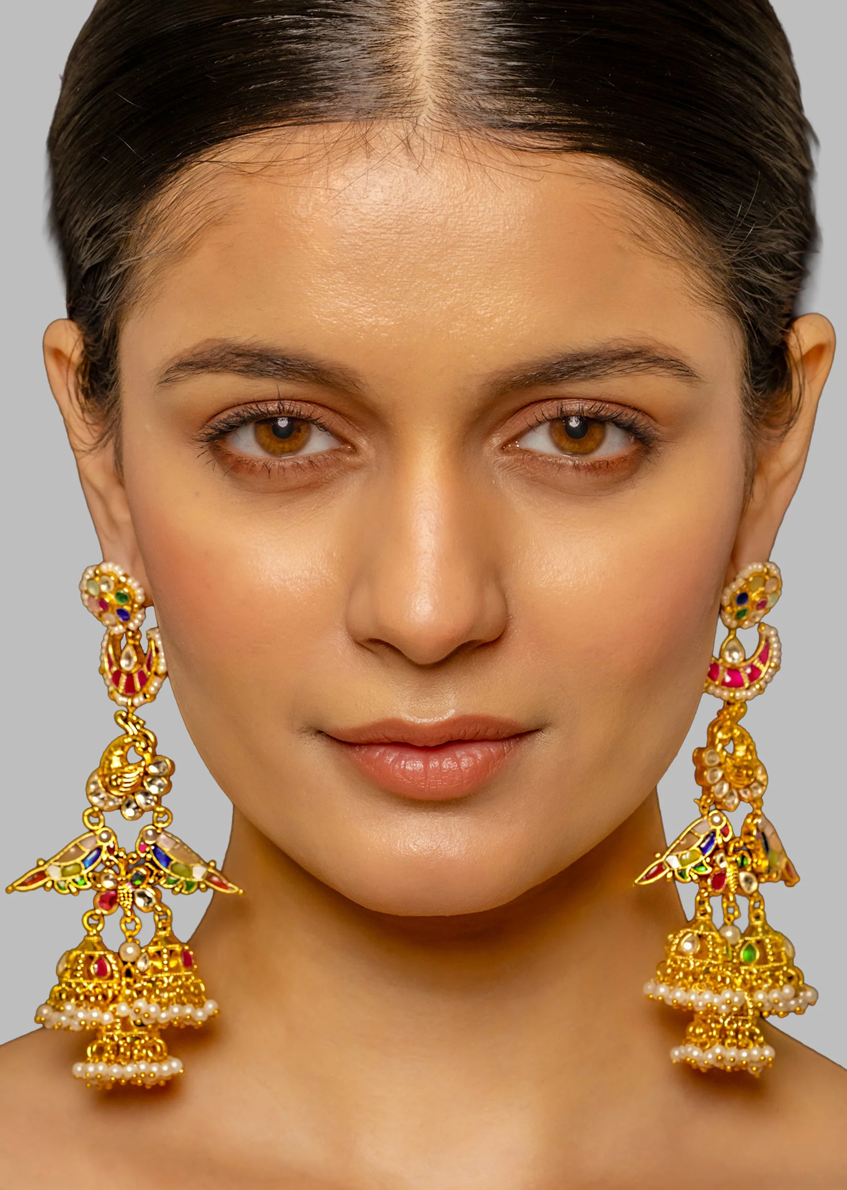 Multi Coloured Polki And Gemstone Kundan Earrings - Image 2