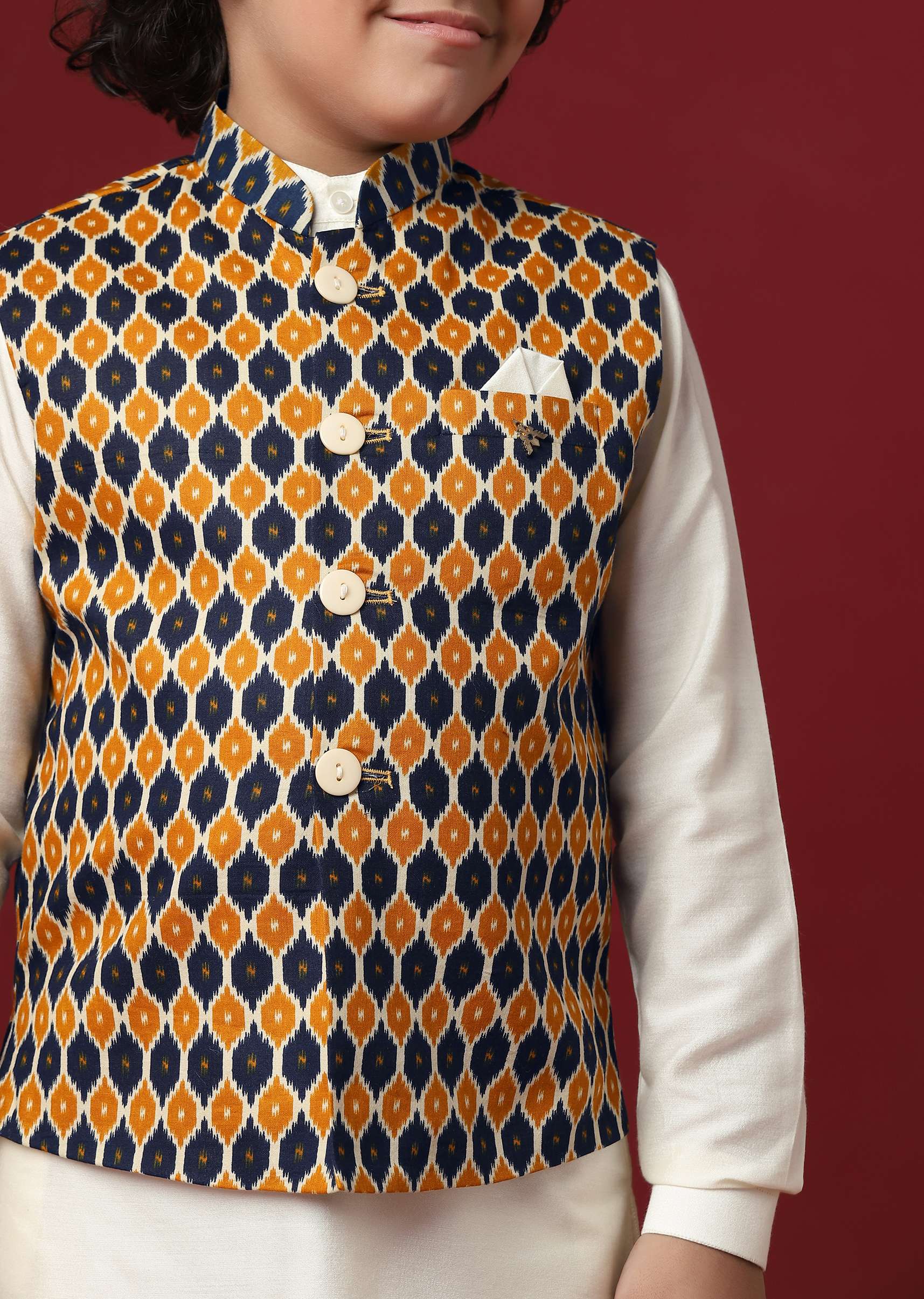 Multi Coloured Printed Jacket Kurta Set In Silk For Boys - Image 4