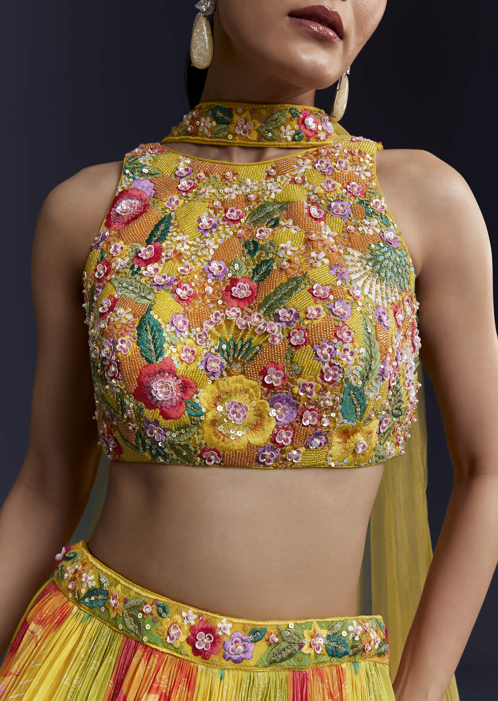 Multi Crepe Floral Print Bridesmaid Lehenga Set with Dupatta - Image 3