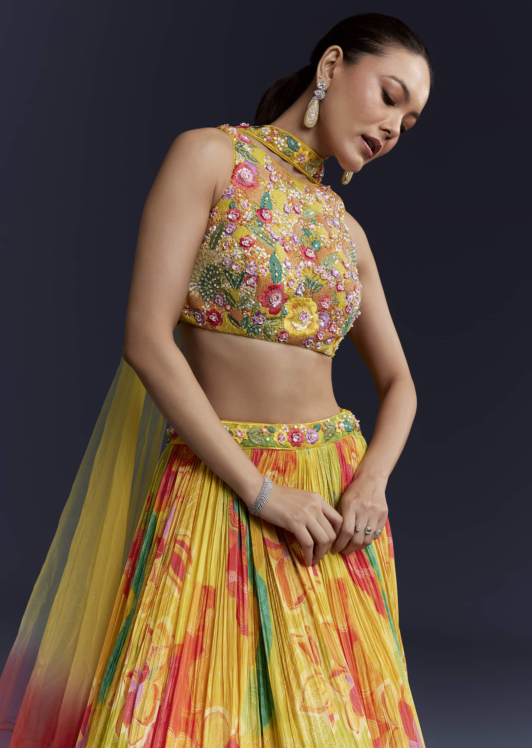 Multi Crepe Floral Print Bridesmaid Lehenga Set with Dupatta - Image 5