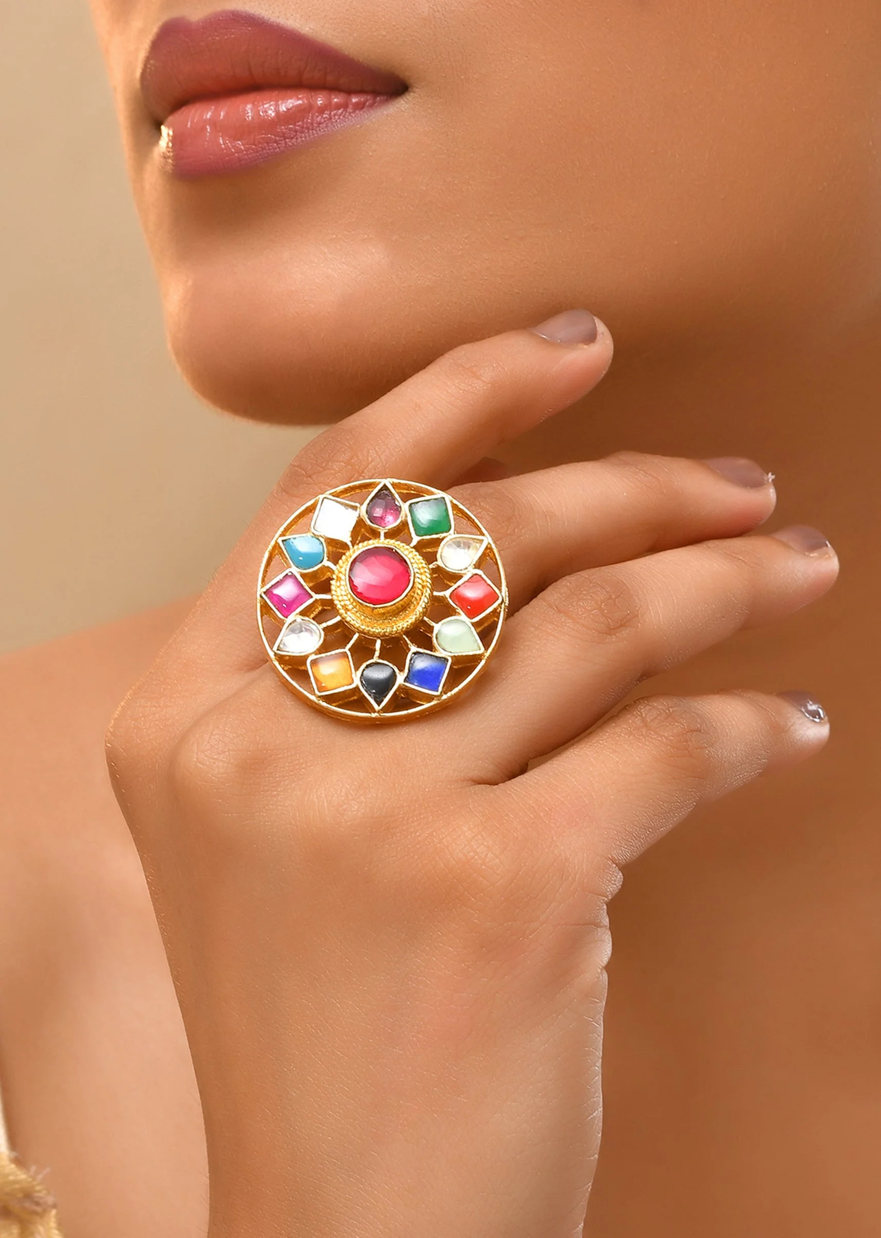 Multi Floral and Geometric Motif Kundan Ring