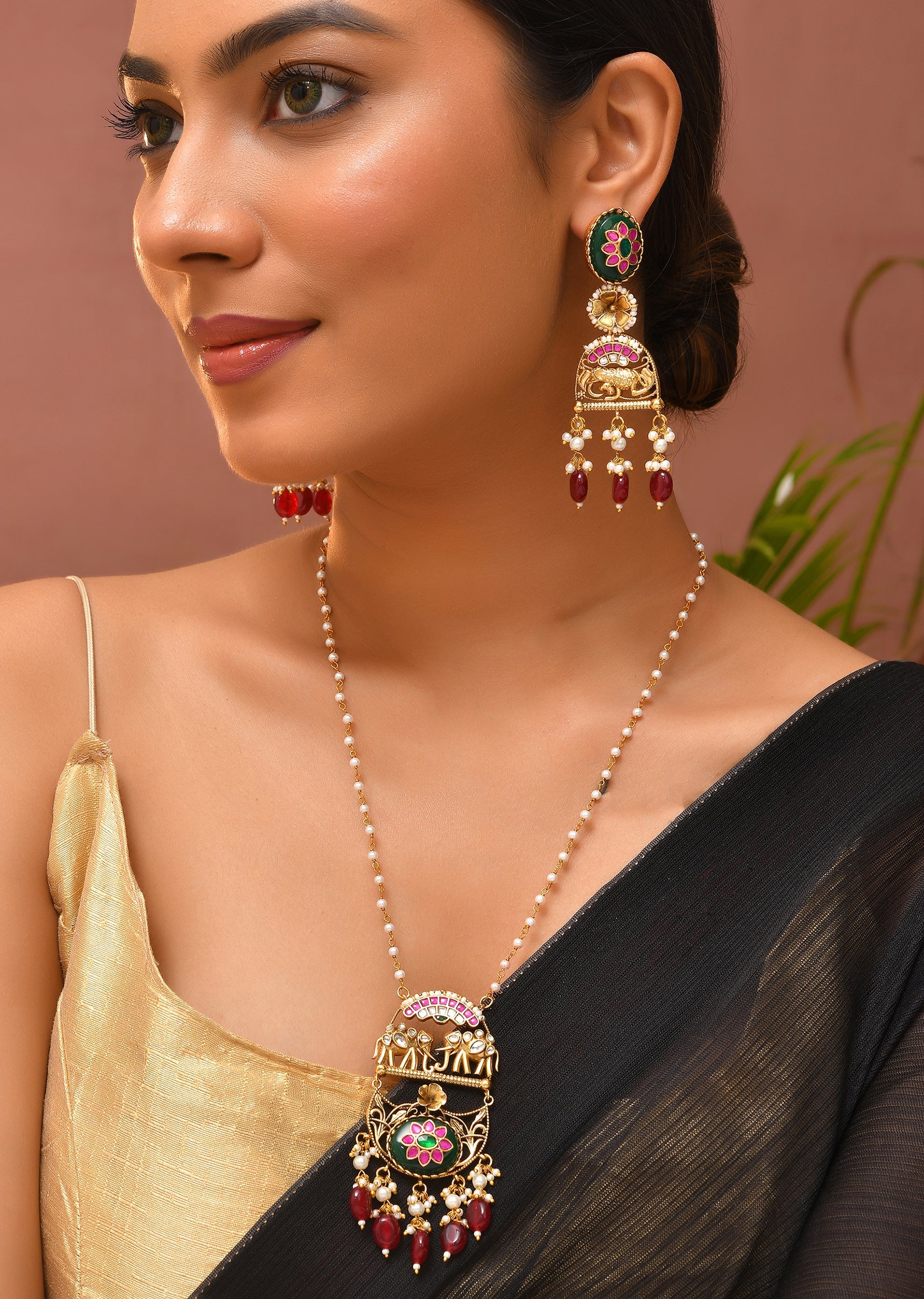 Multi Floral Motif Enamelled Pendant Necklace and Earrings Set