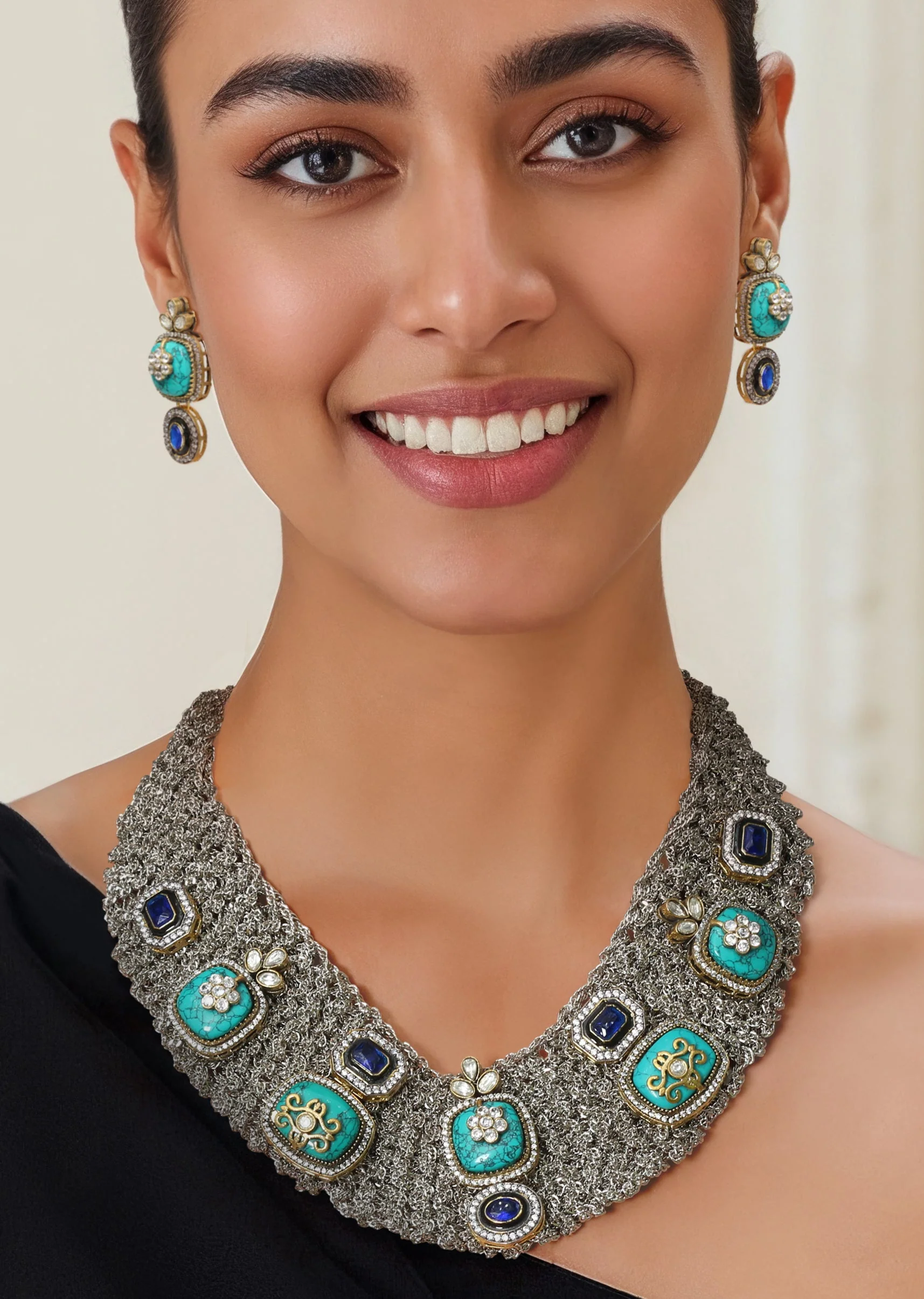 Multi Fusion Encursted Geometric Stone Necklace Set