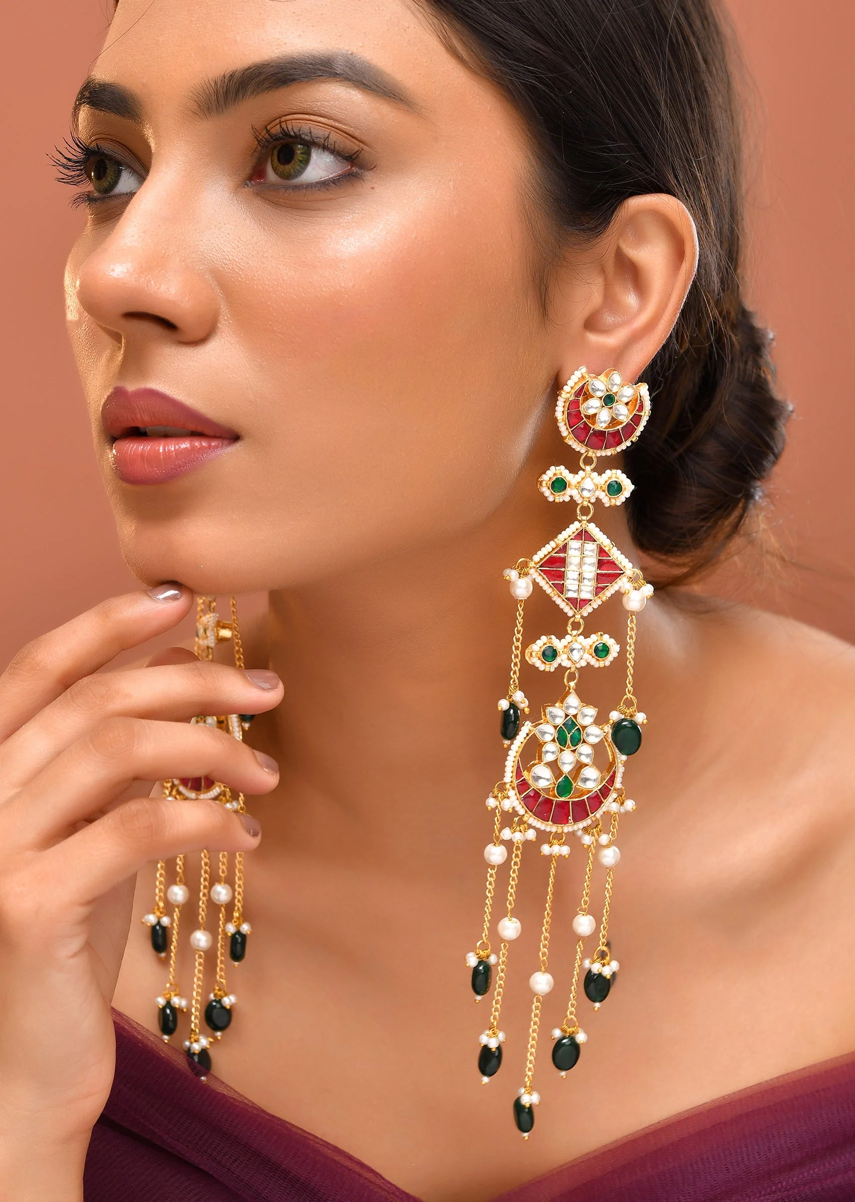 Multi Gold Earrings With Pachi Kundan