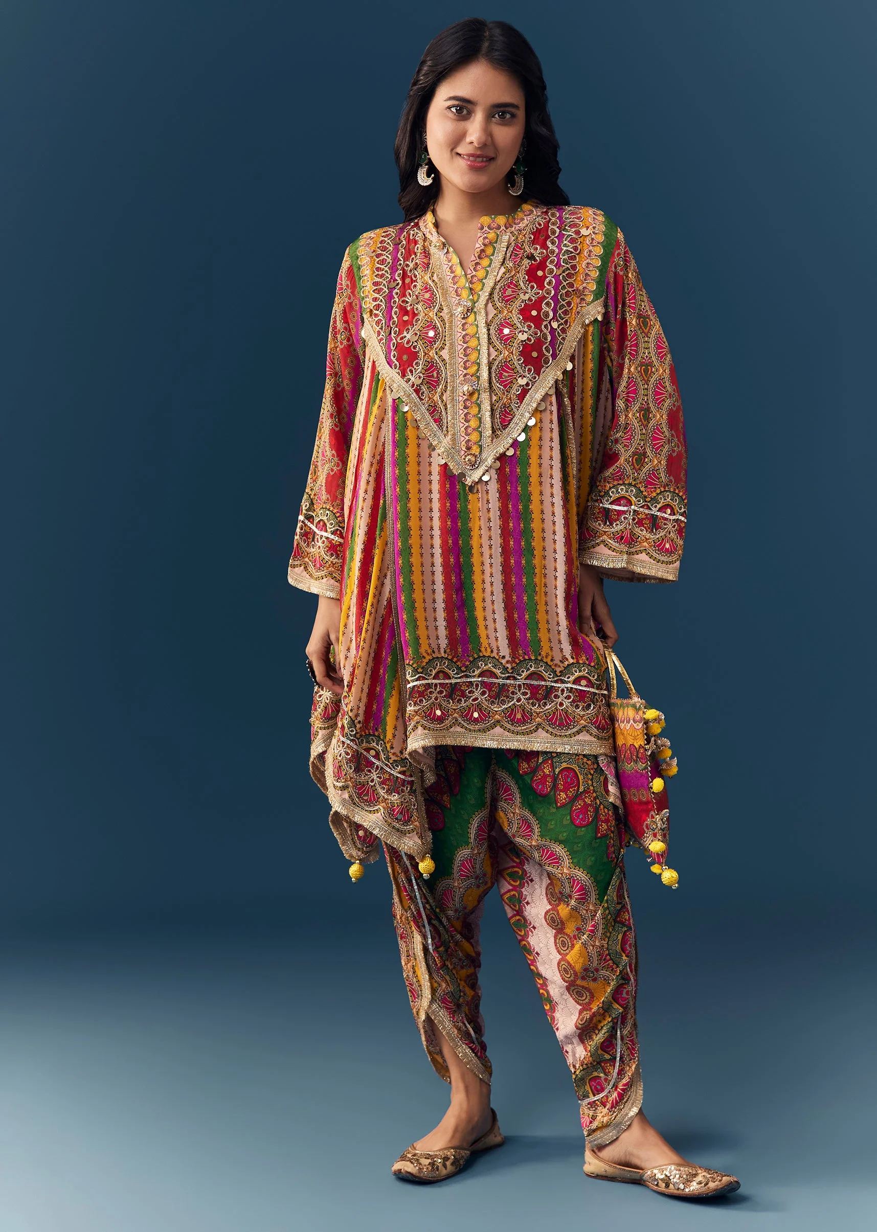 Multi Indie Print Kurti Dhoti Set with Handbag