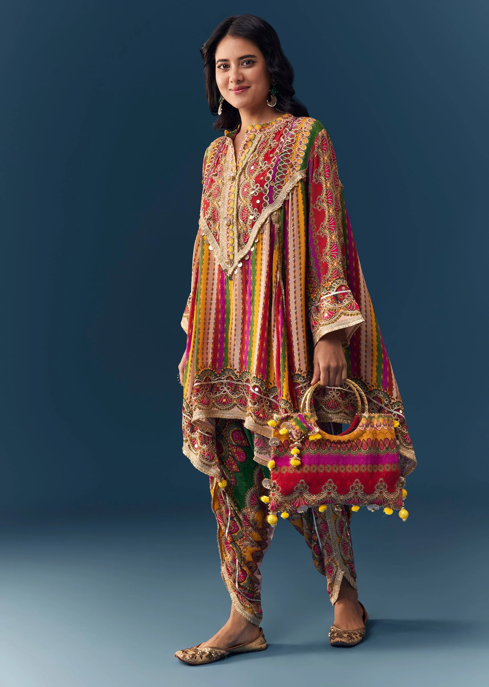 Multi Indie Print Kurti Dhoti Set with Handbag - Image 3