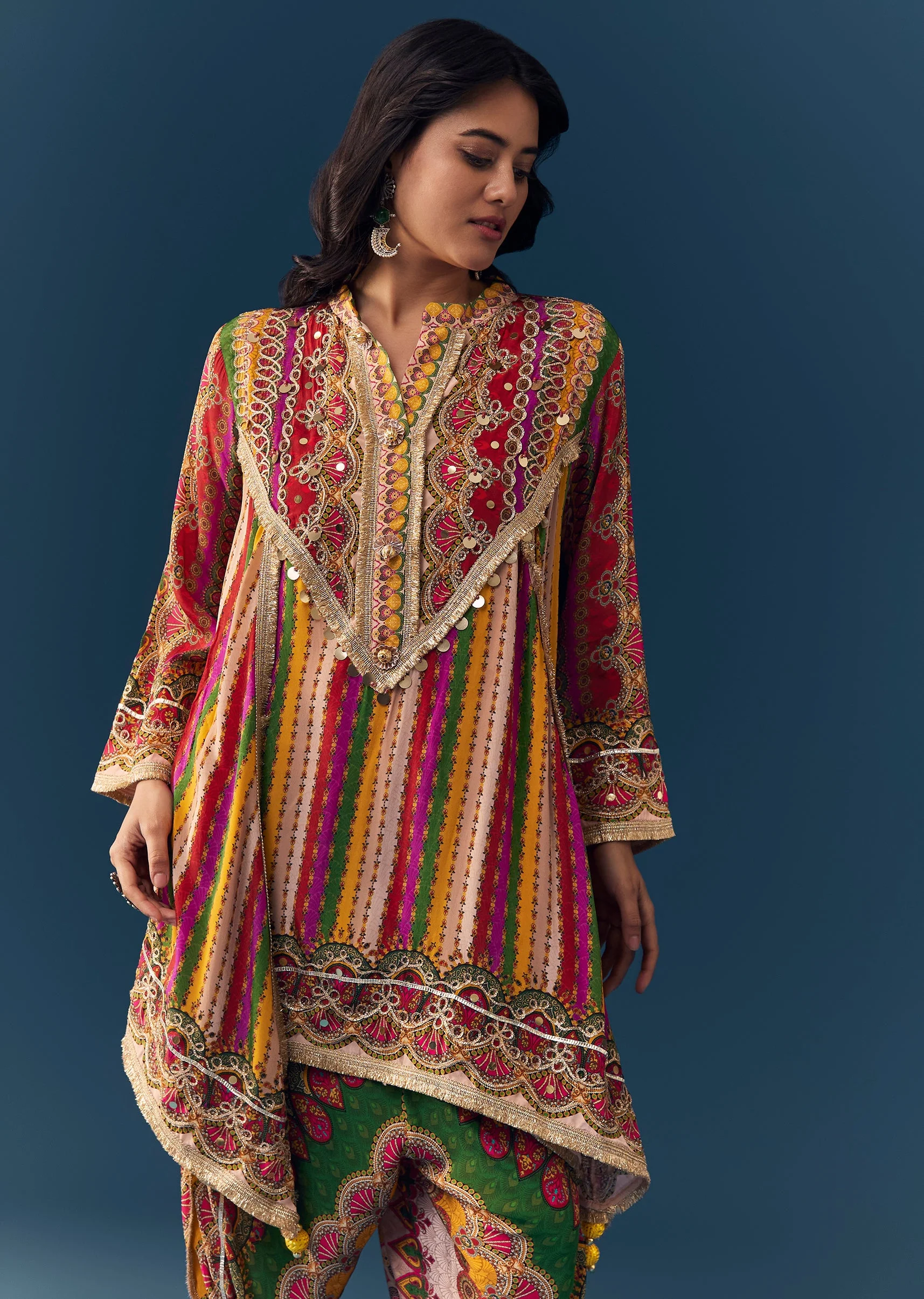 Multi Indie Print Kurti Dhoti Set with Handbag - Image 4