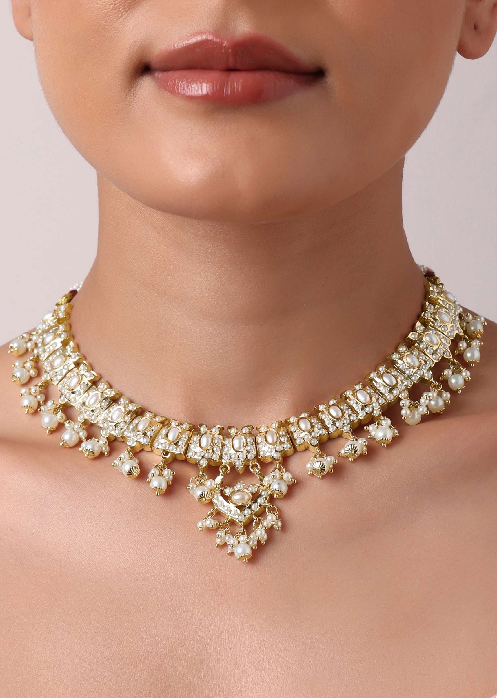 Multi Kundan Choker Set With Tiered Danglers - Image 3