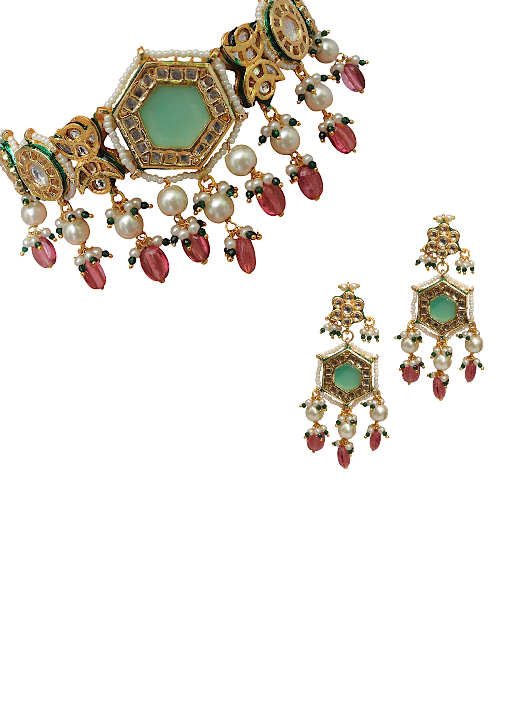 Multi Kundan Geometric Pendant Necklace and Earring Set - Image 3