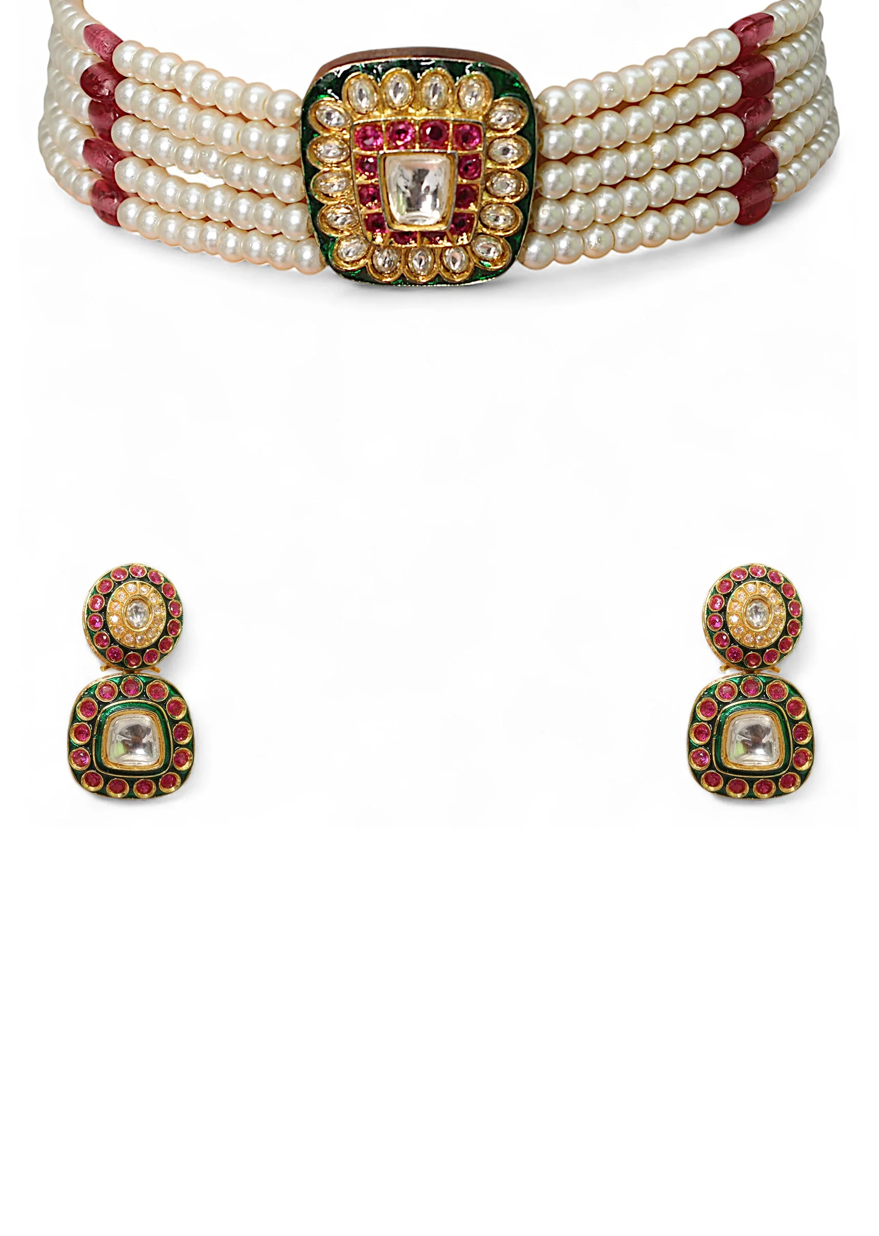 Multi Kundan Geometric Pendant Necklace Set - Image 2