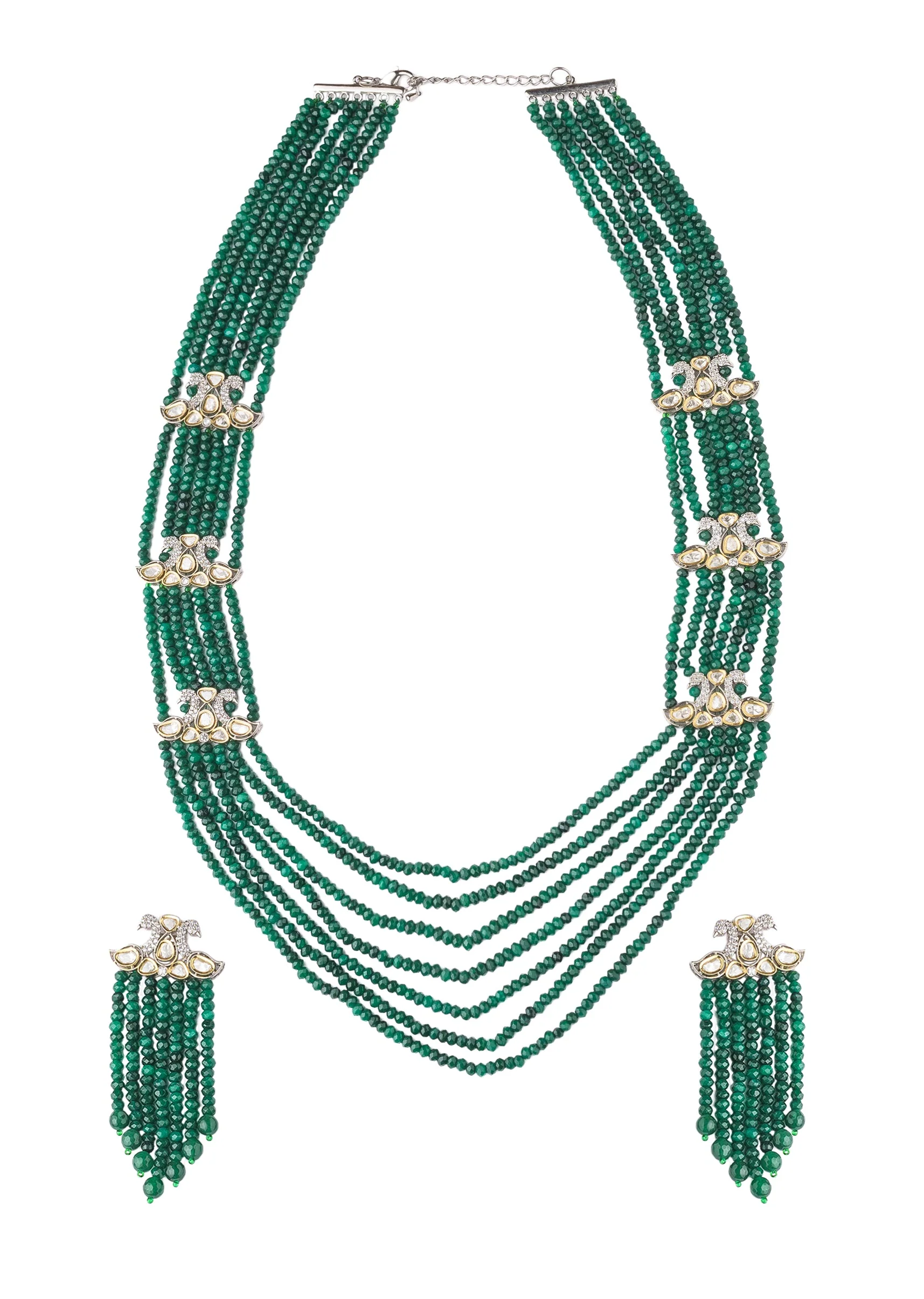 Multi Layer Green Beaded Necklace Set With Matching Long Earrings And Crystal Studded Separators - Image 2