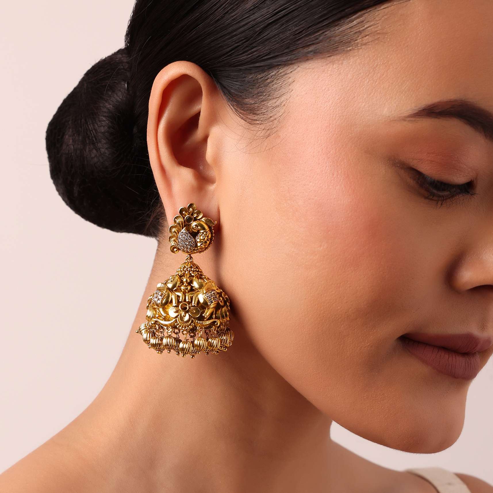 Multi Tone Kundan Jhumkas With Bead Drops