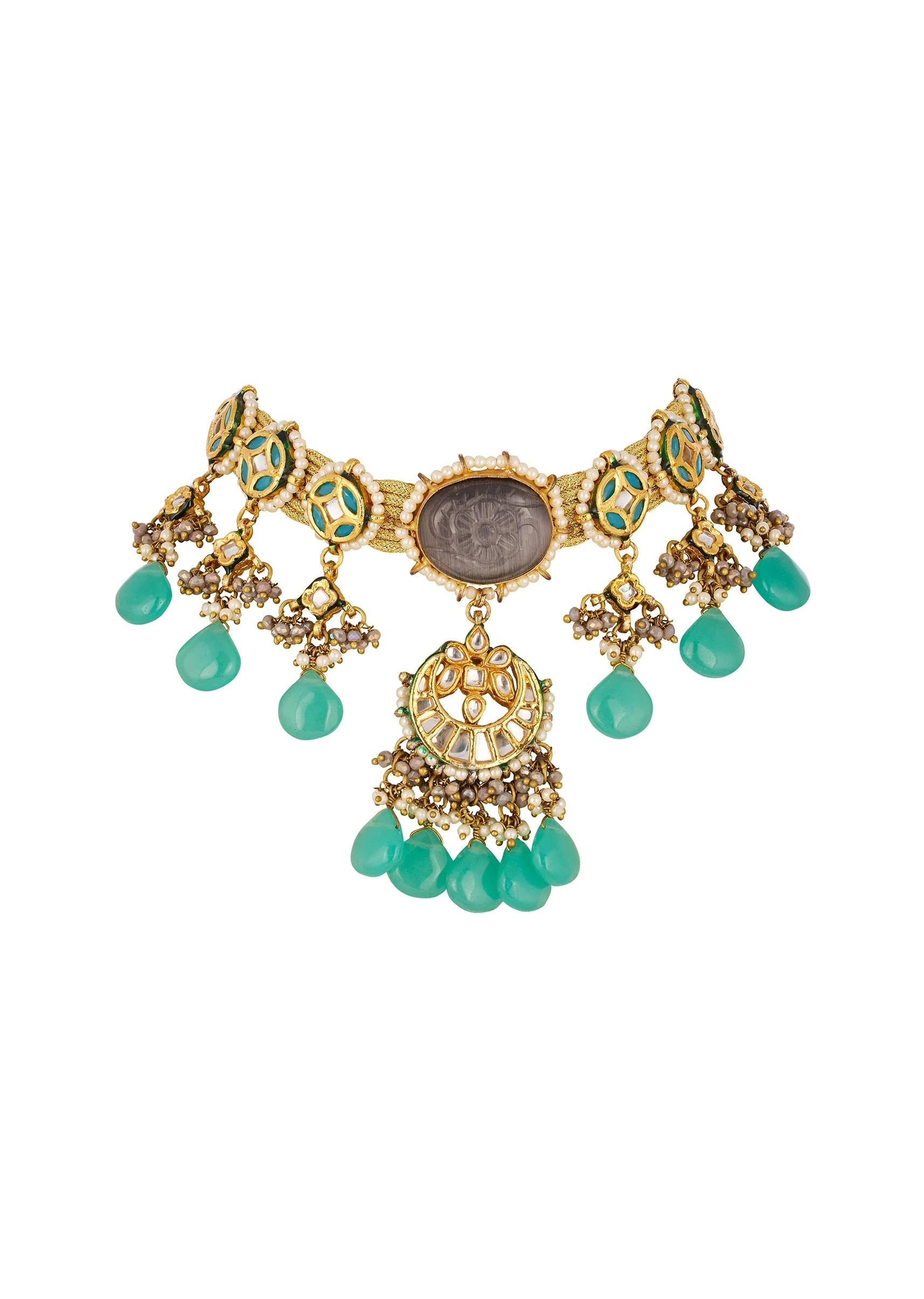 Multi Traditional Kundan Chandbali Necklace Set with Faux Pearl and Stones - Image 2