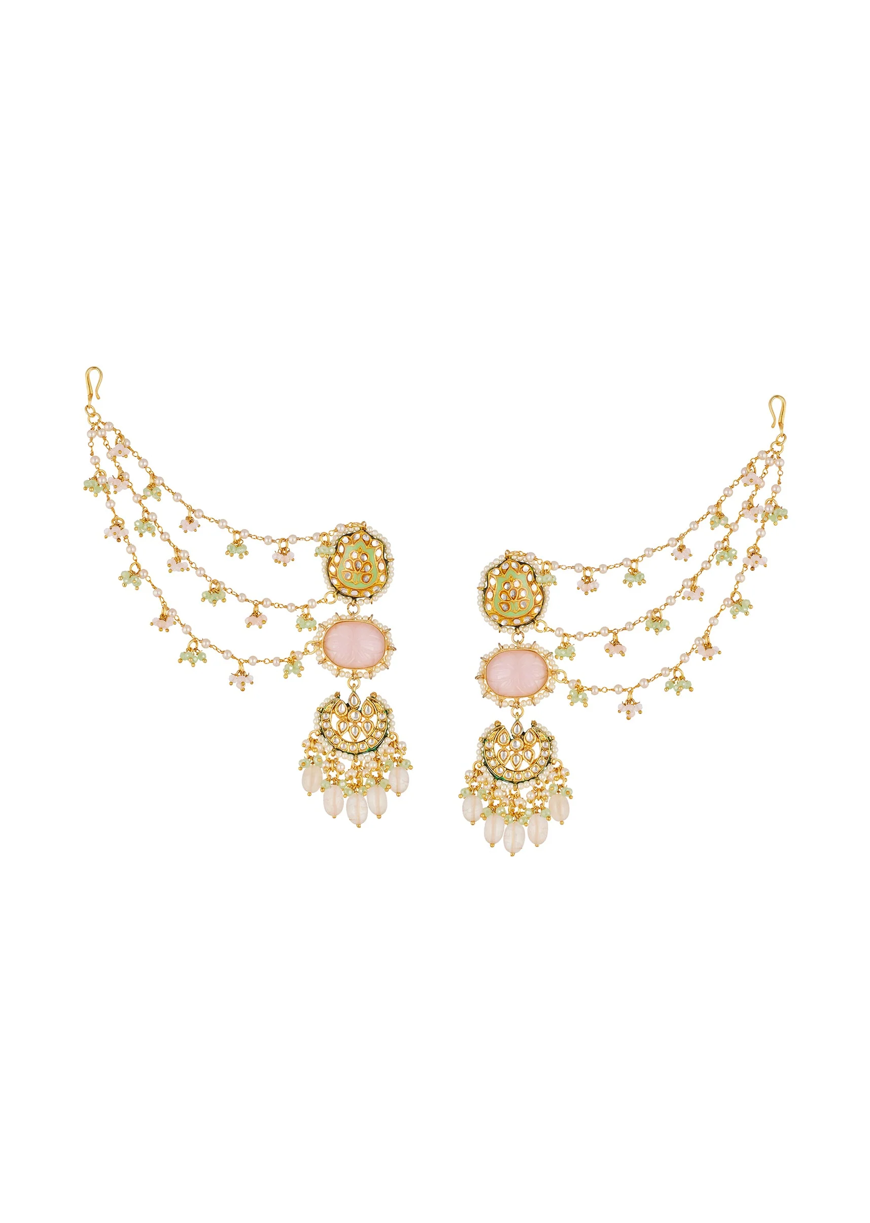 Multi Traditional Kundan Kaan Chain Earrings with Faux Pearl and Stones - Image 2